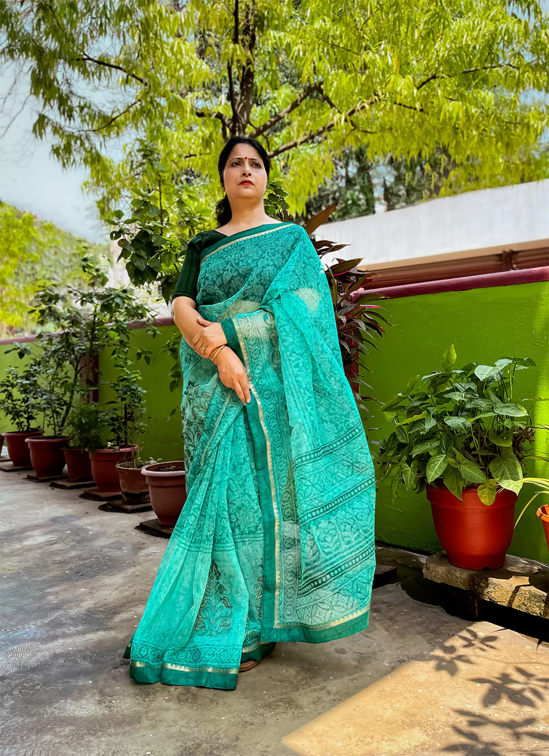 Embroidered Sea Green Kota Saree - TREEVESTO