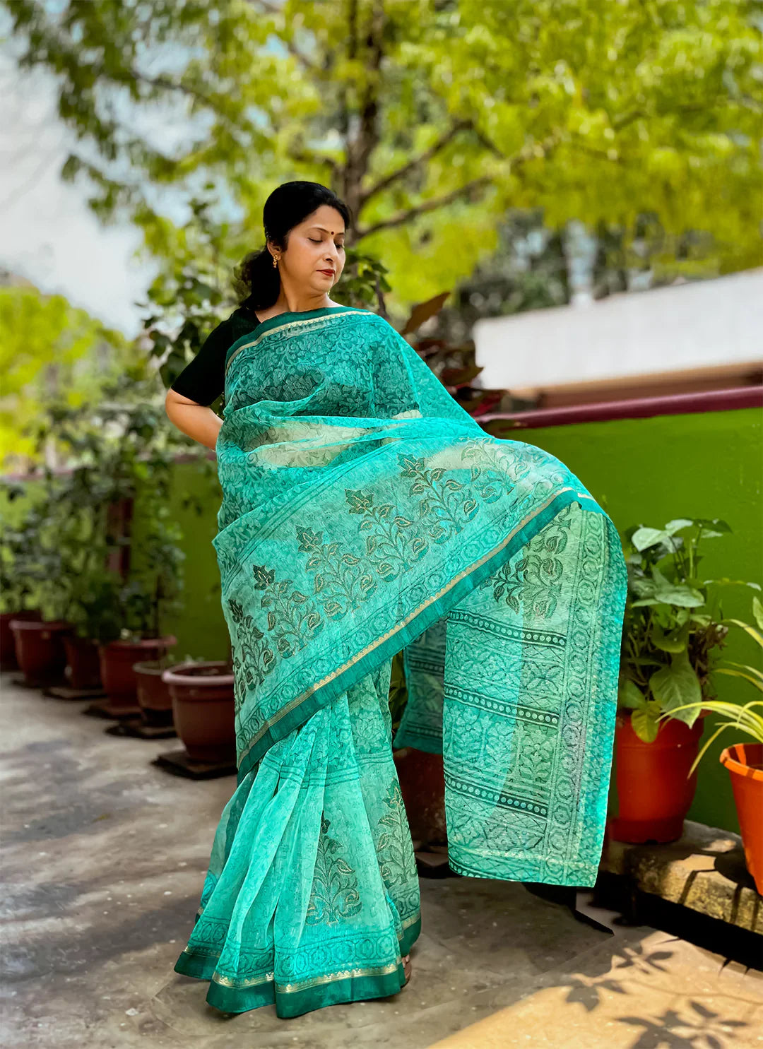Embroidered Sea Green Kota Saree - TREEVESTO