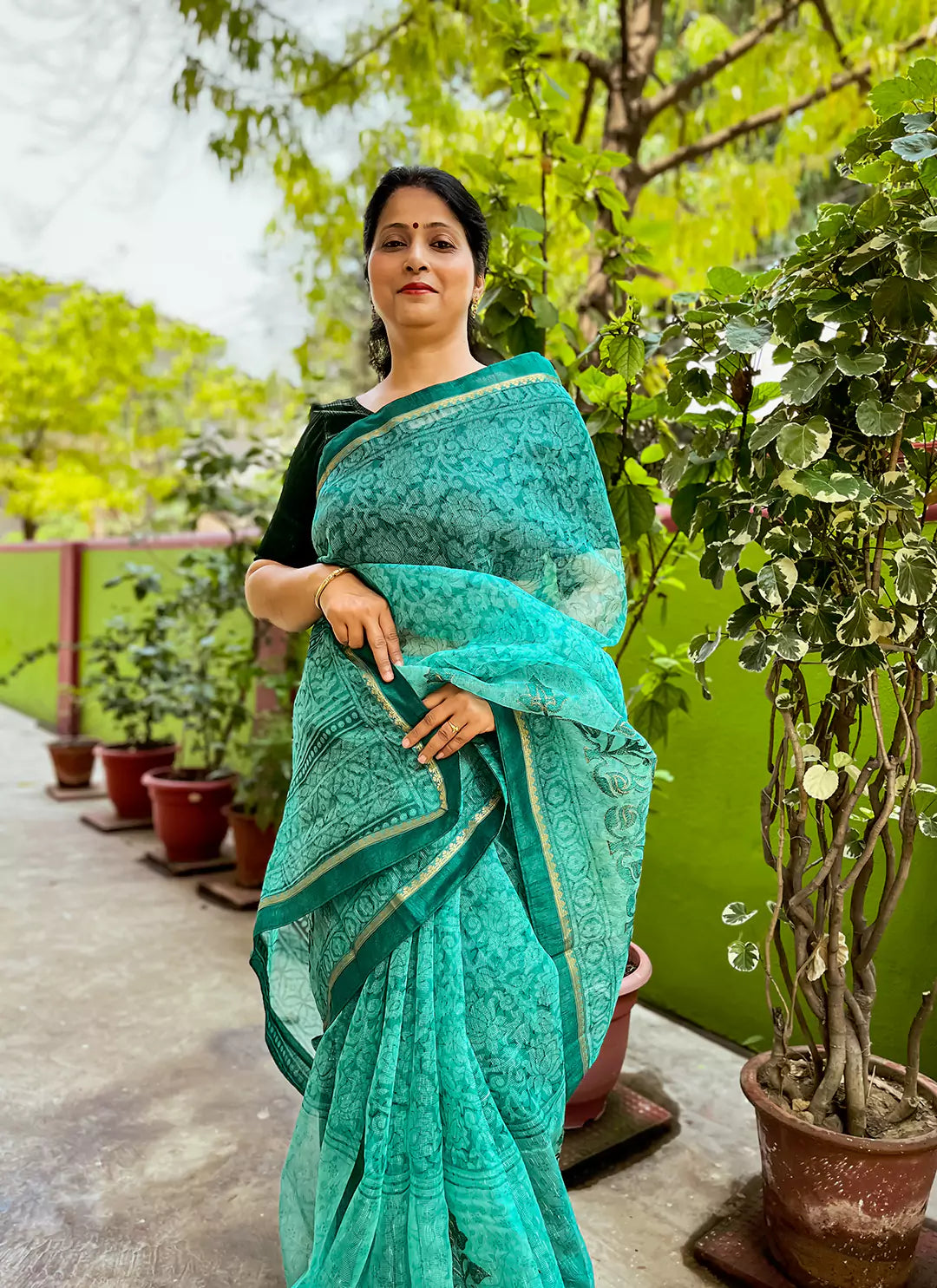 Embroidered Sea Green Kota Saree - TREEVESTO