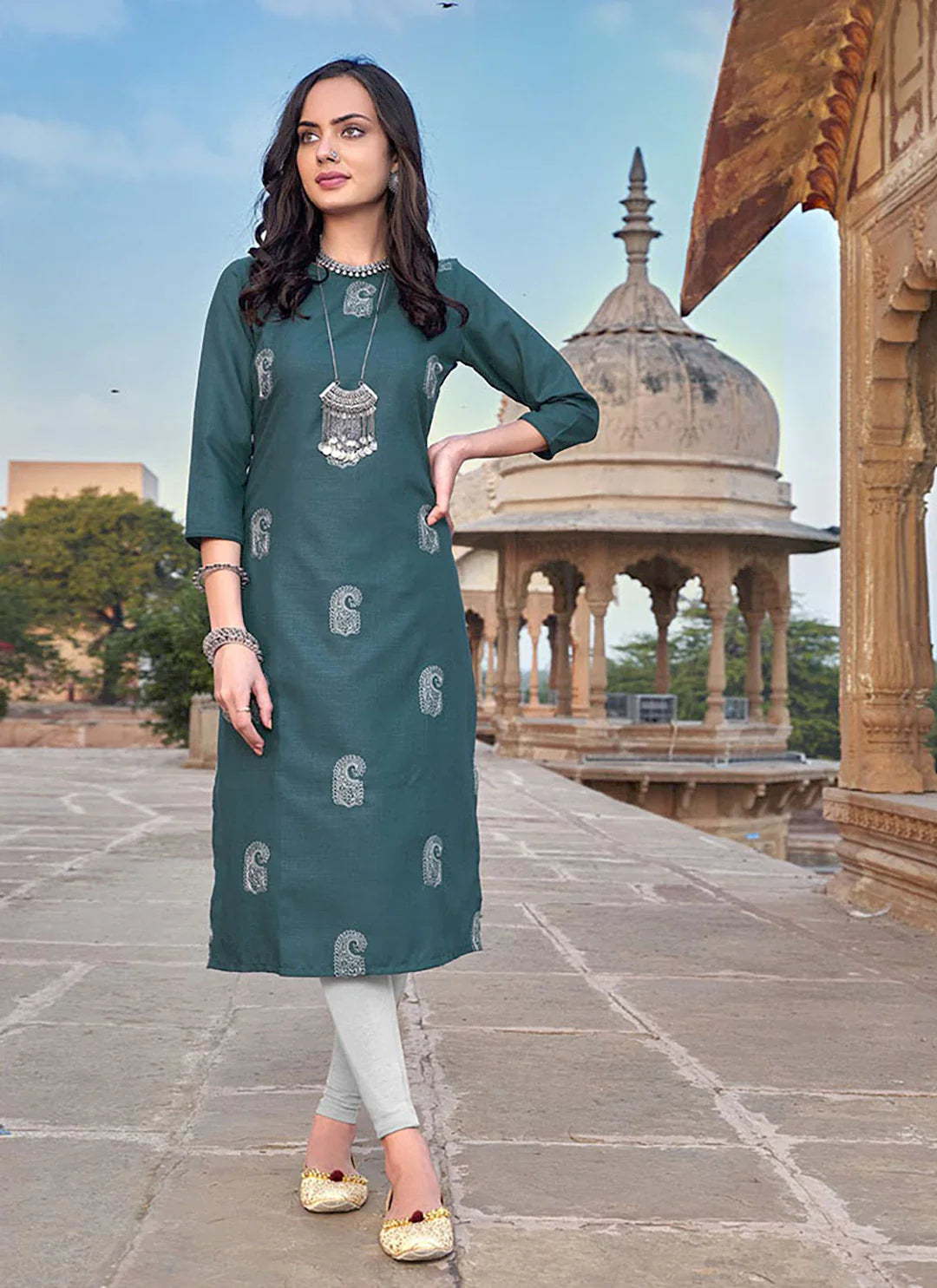 Embroidered Teal Blue Cotton Silk Straight Kurta treevesto