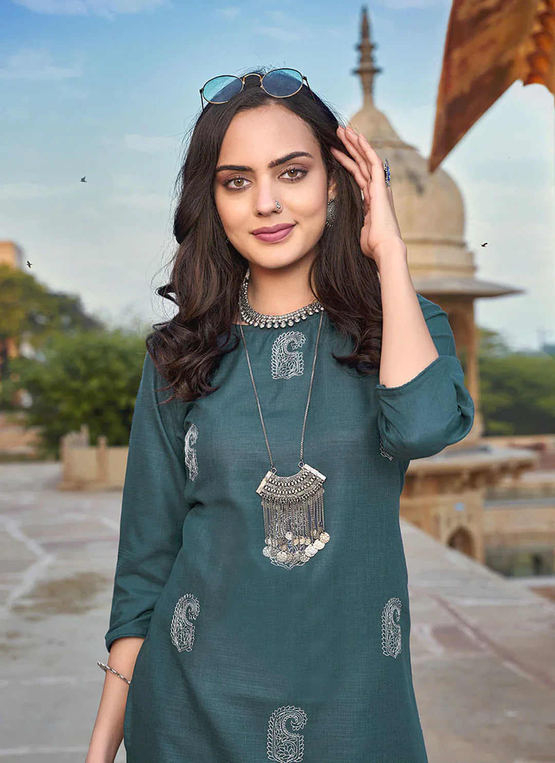 Embroidered Teal Blue Cotton Silk Straight Kurta treevesto