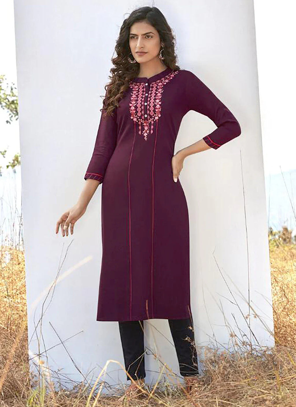 Embroidered Wine Colored Liva Straight Kurta treevesto