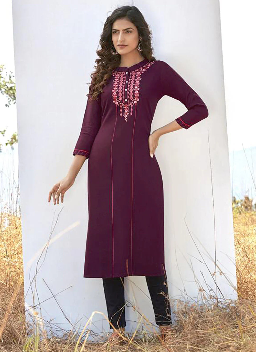 Embroidered Wine Colored Liva Straight Kurta treevesto