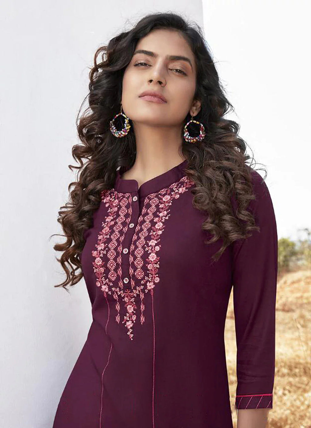 Embroidered Wine Colored Liva Straight Kurta treevesto
