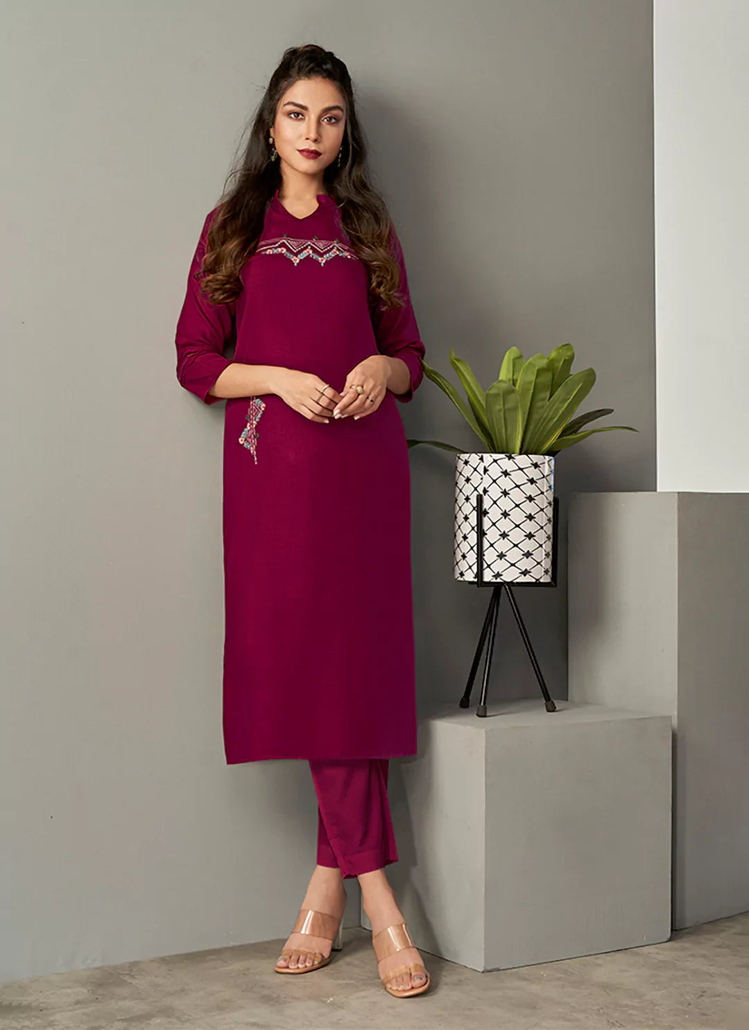 Embroidered Wine Colored Viscose A-Line Kurta treevesto