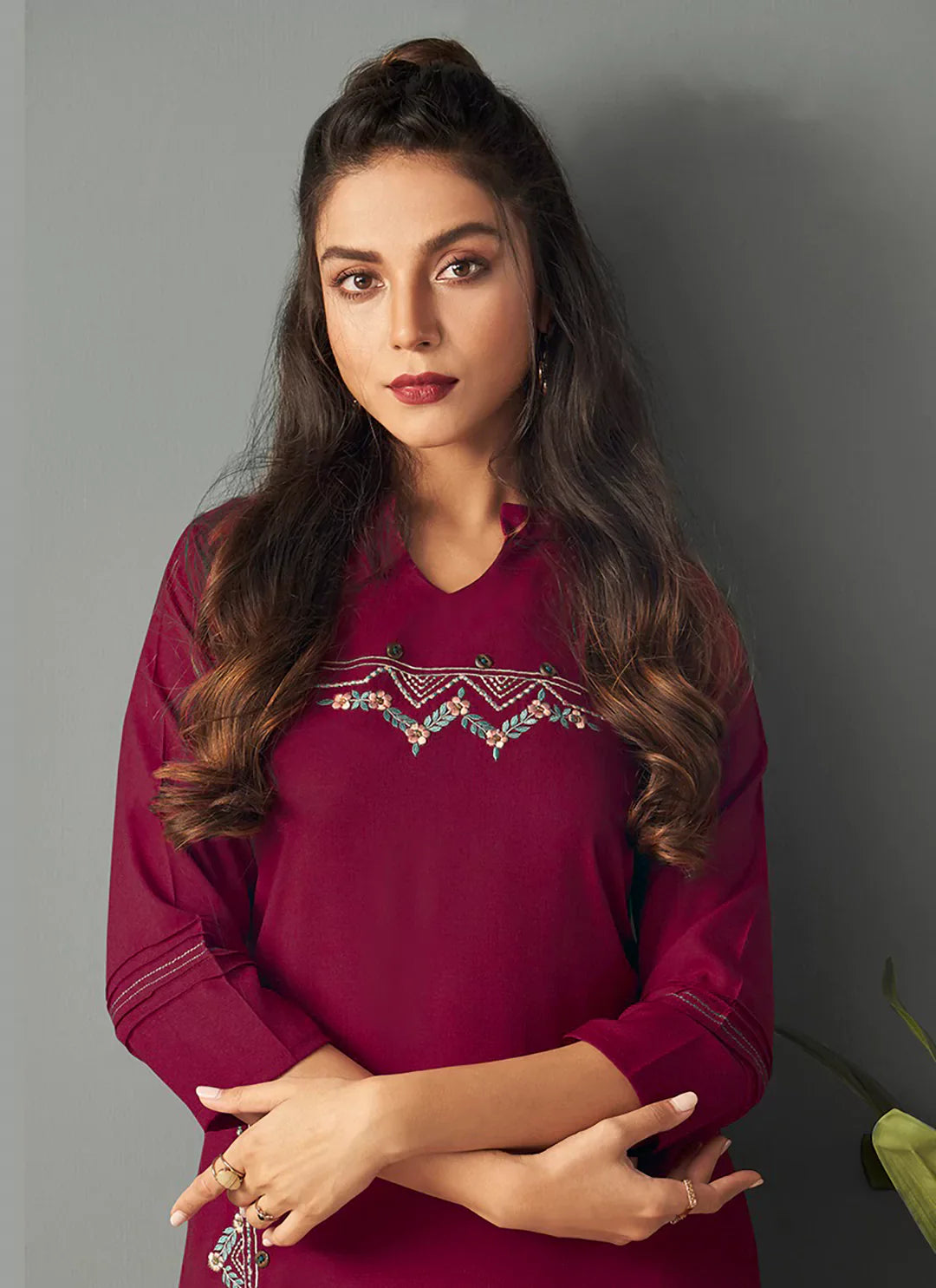 Embroidered Wine Colored Viscose A-Line Kurta treevesto