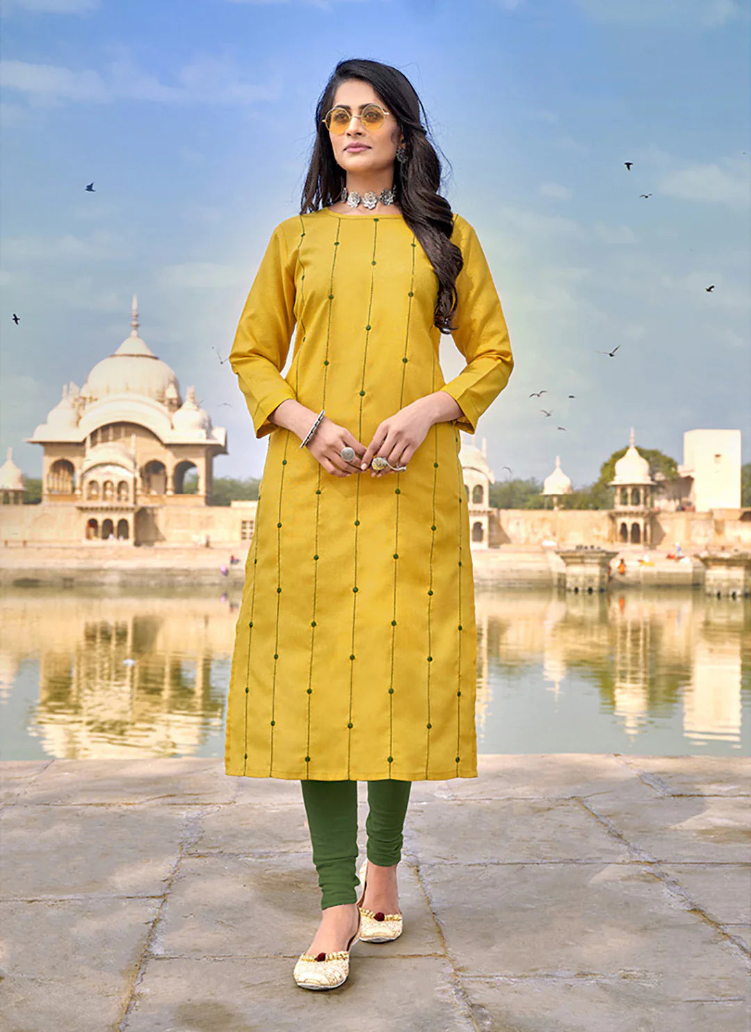 Embroidered Yellow Cotton Silk Straight Kurta treevesto