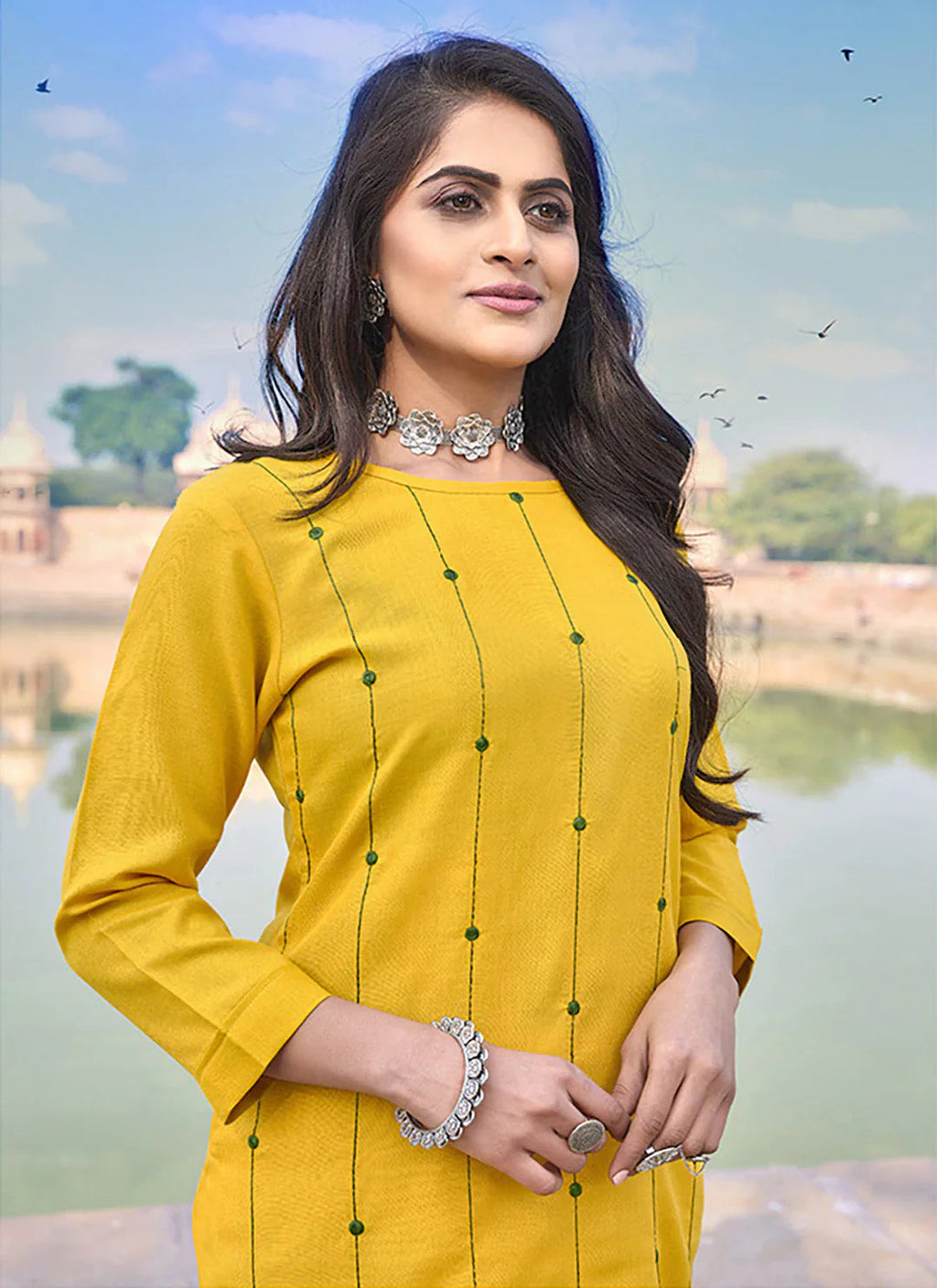 Embroidered Yellow Cotton Silk Straight Kurta treevesto