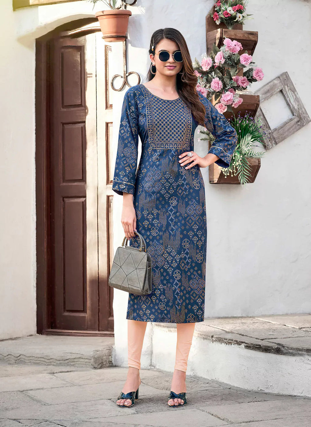 Embroidery & Sequins Yoke Design Cobalt Blue Liva Straight Kurta treevesto