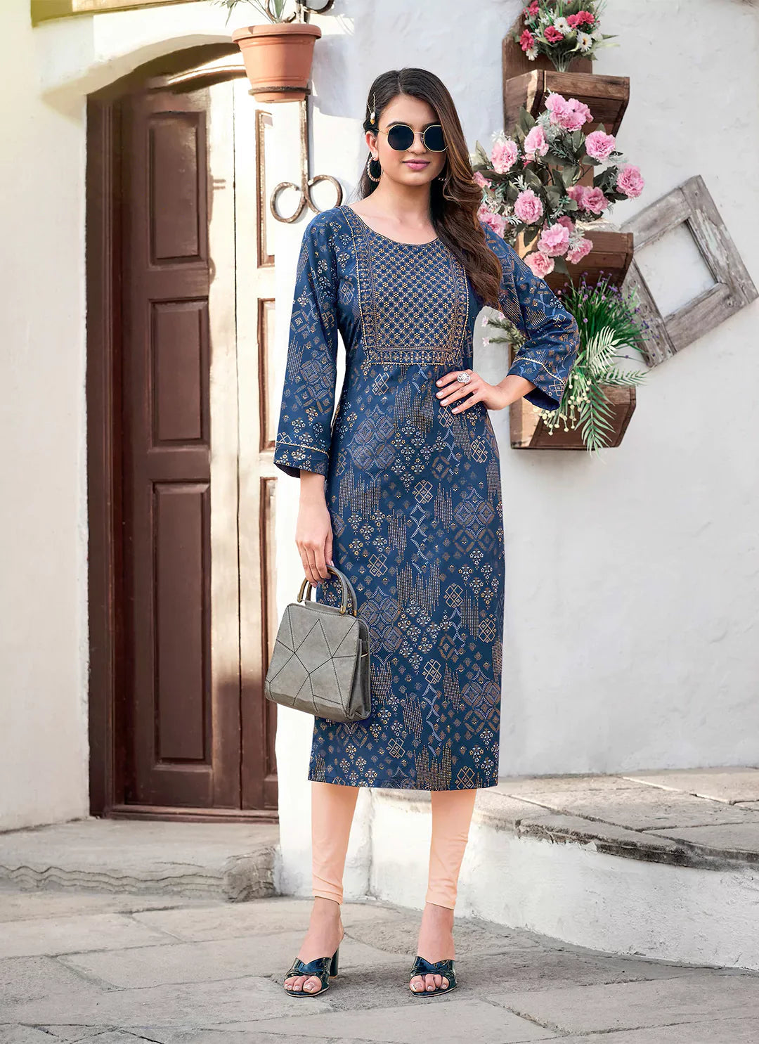 Embroidery & Sequins Yoke Design Cobalt Blue Liva Straight Kurta treevesto
