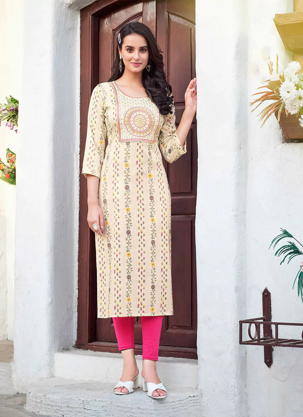 Embroidery & Sequins Yoke Design Cream Liva Straight Kurta treevesto