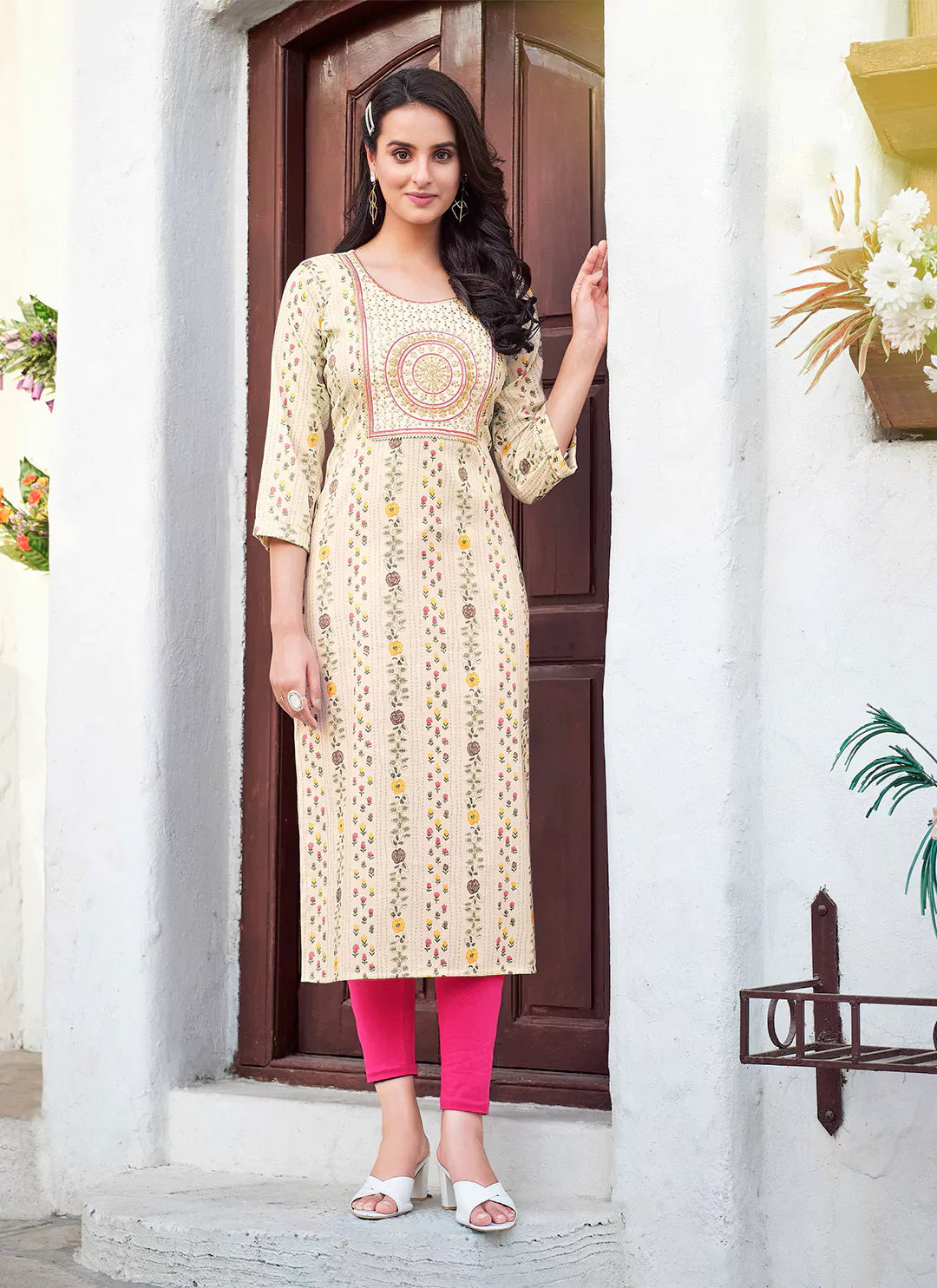 Embroidery & Sequins Yoke Design Cream Liva Straight Kurta treevesto