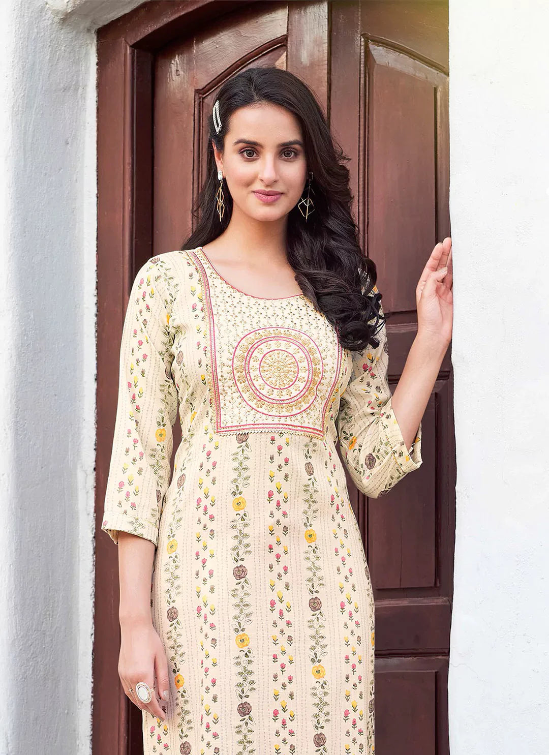 Embroidery & Sequins Yoke Design Cream Liva Straight Kurta treevesto