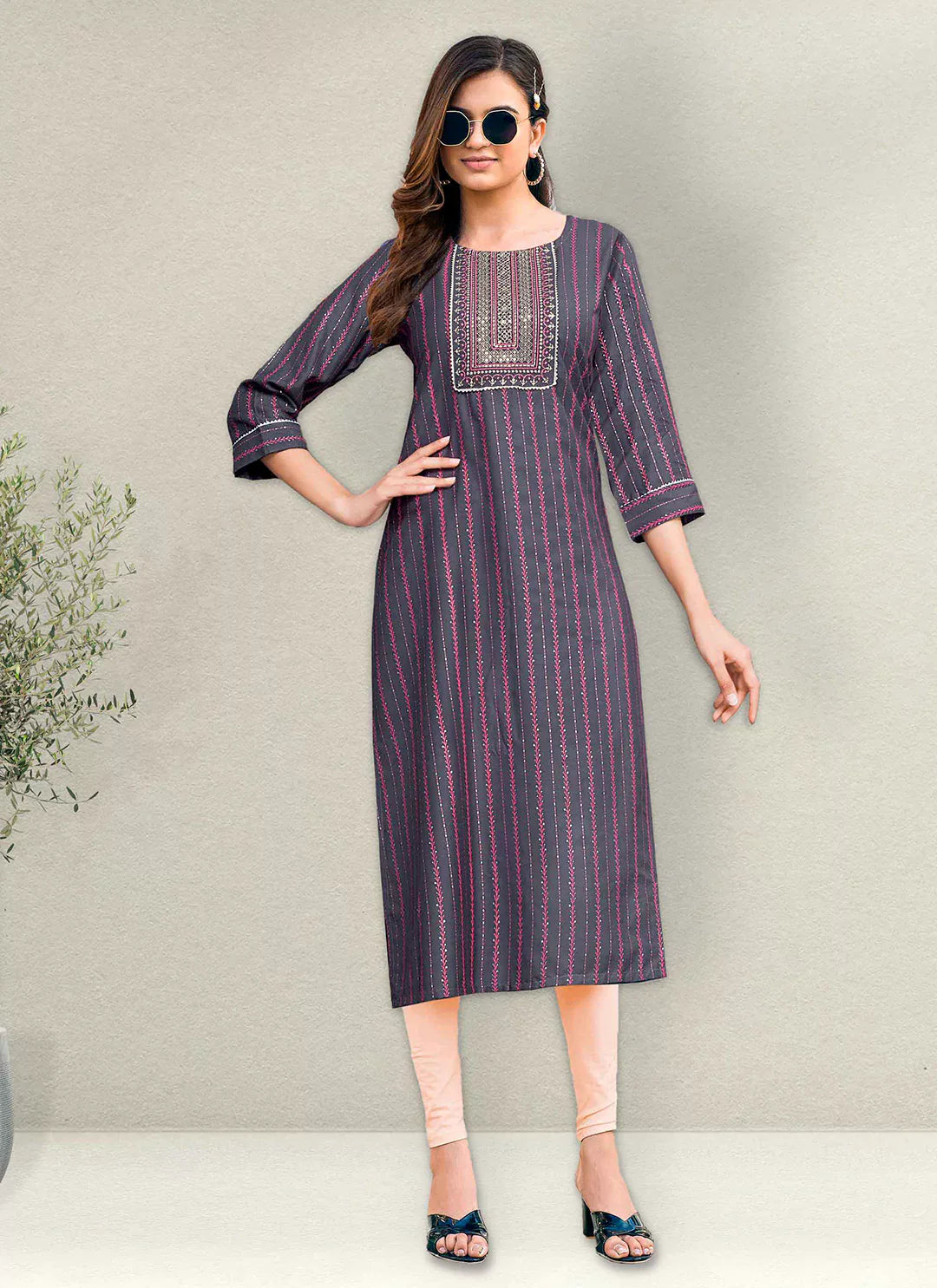 Embroidery & Sequins Yoke Design Mauve Stripe Liva Straight Kurta treevesto