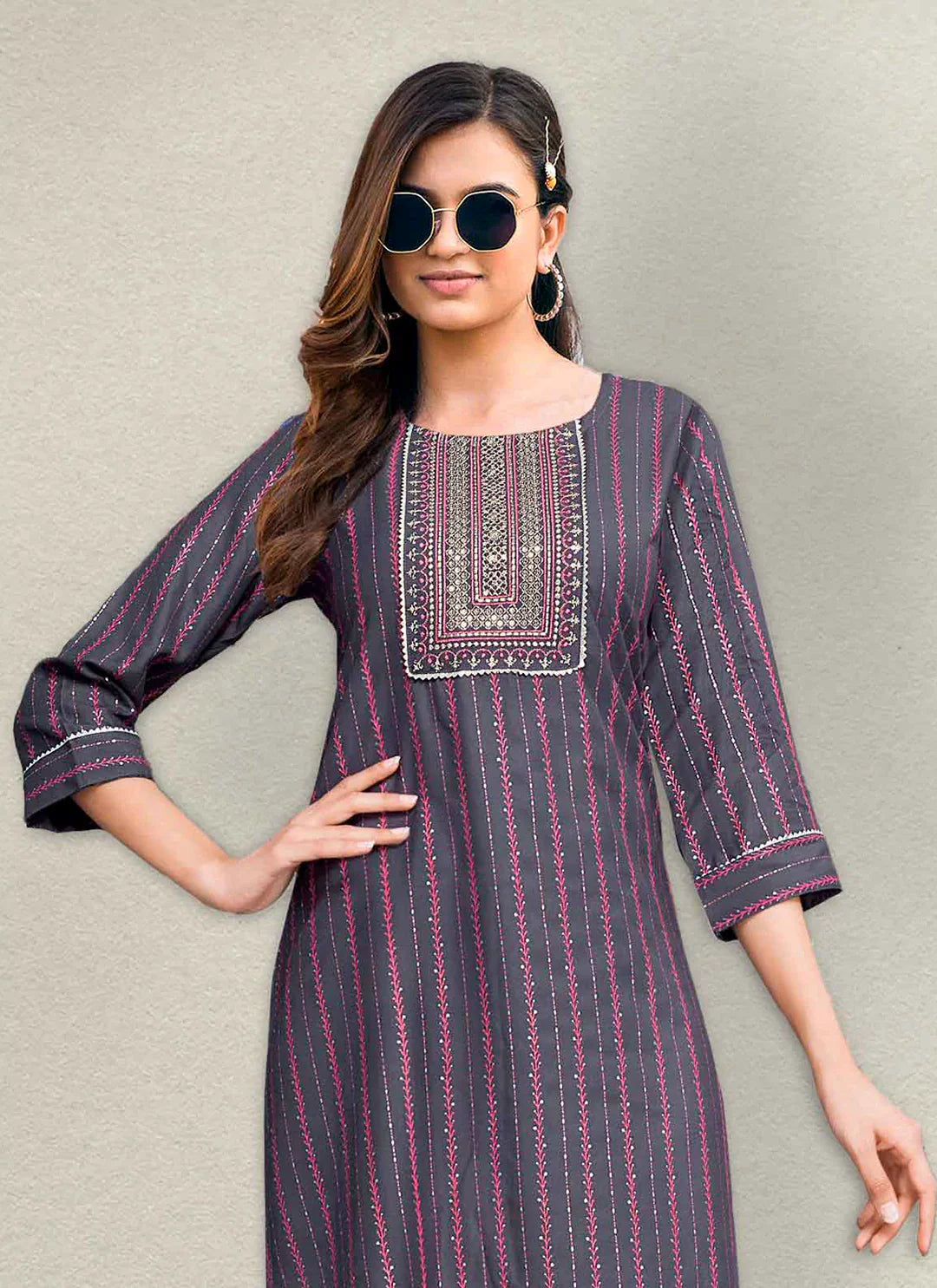 Embroidery & Sequins Yoke Design Mauve Stripe Liva Straight Kurta treevesto