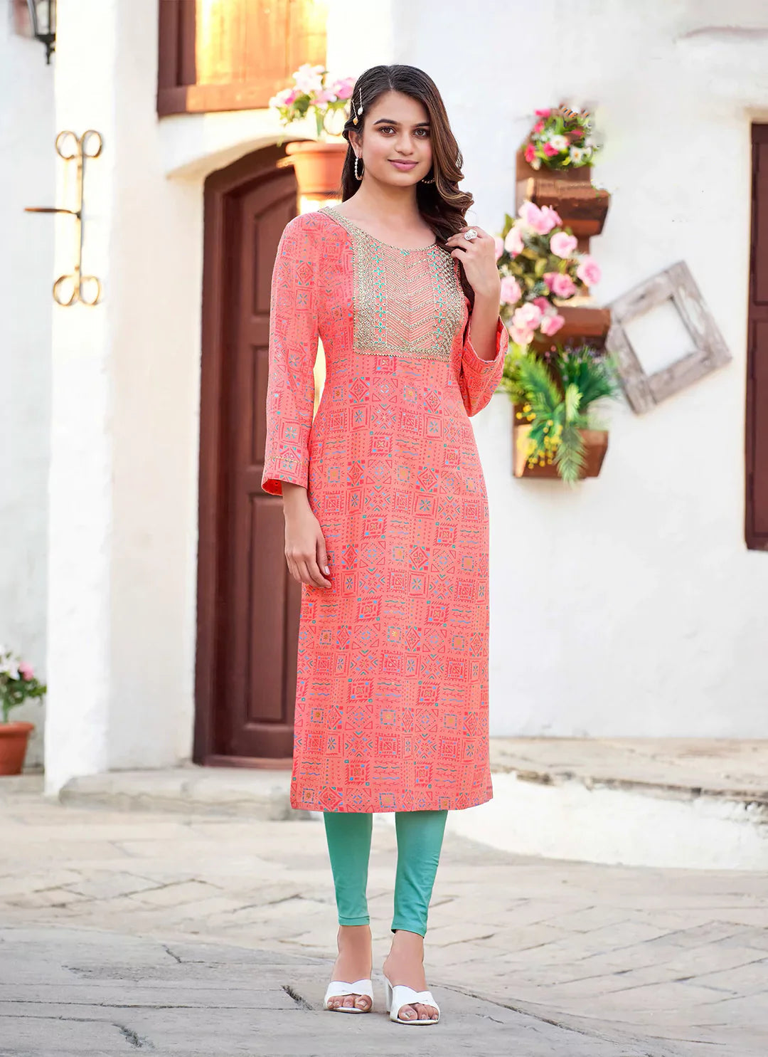 Embroidery & Sequins Yoke Design Peach Liva Straight Kurta treevesto
