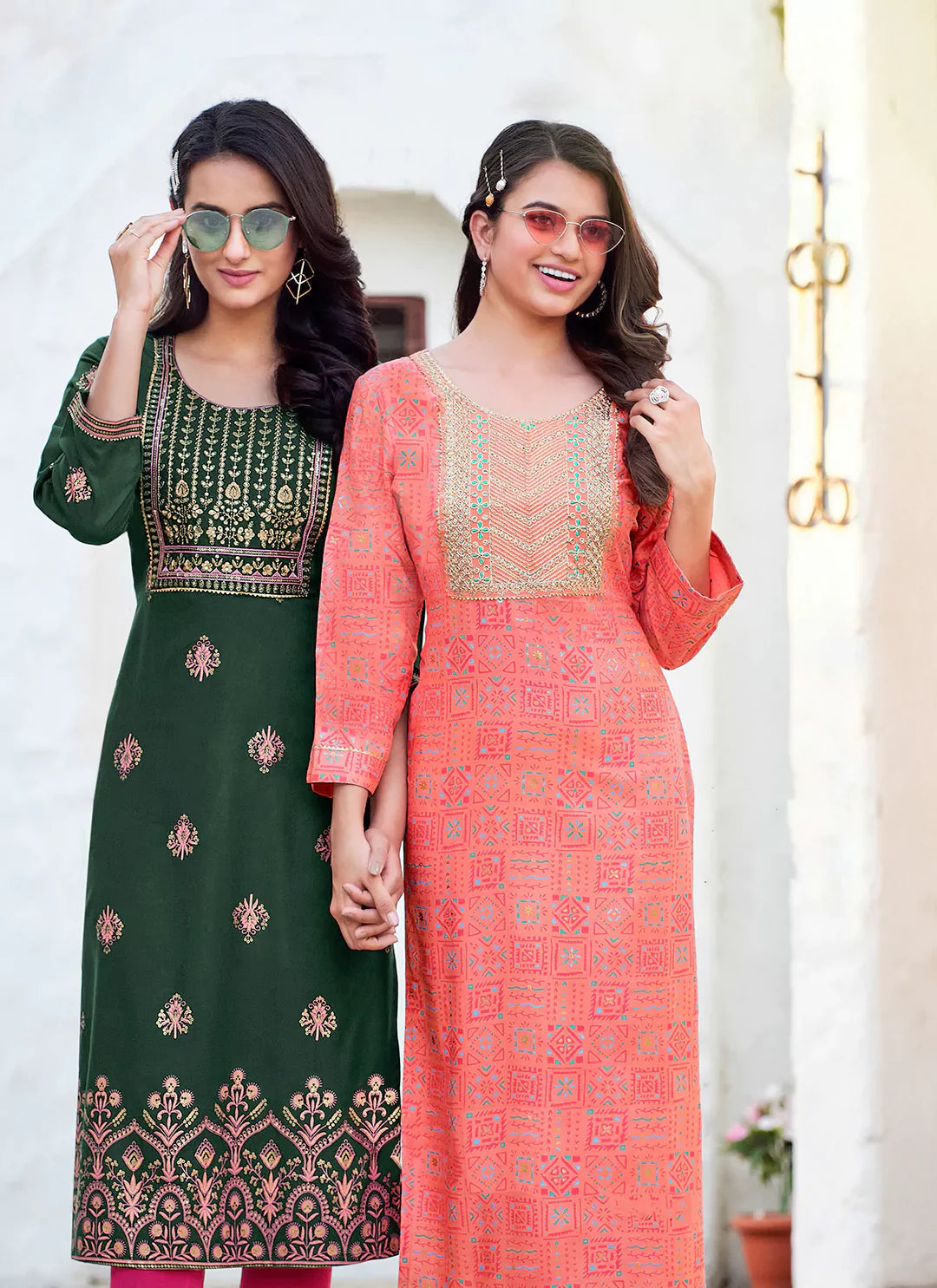 Embroidery & Sequins Yoke Design Peach Liva Straight Kurta treevesto