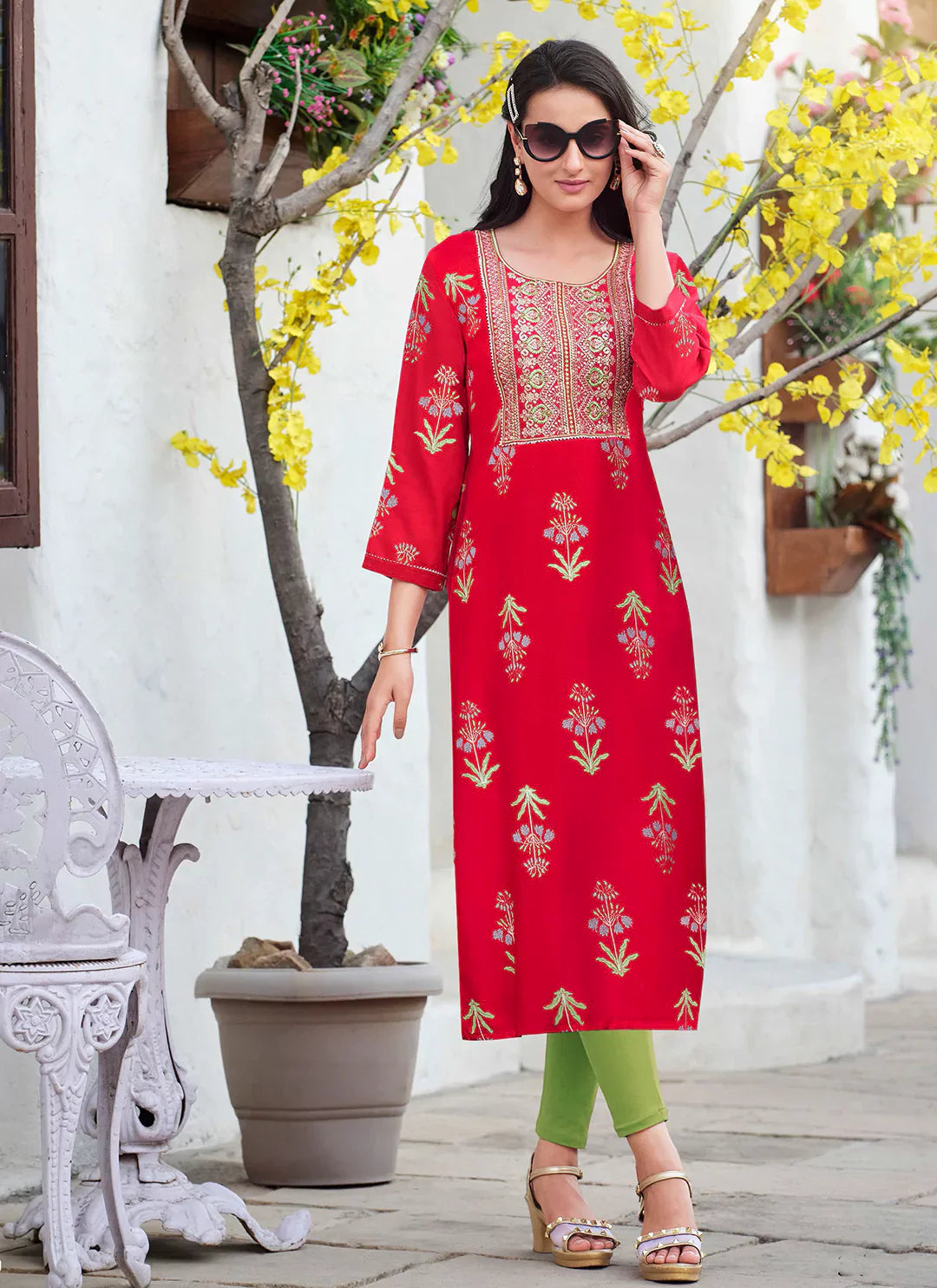 Embroidery & Sequins Yoke Design Red Liva Straight Kurta treevesto
