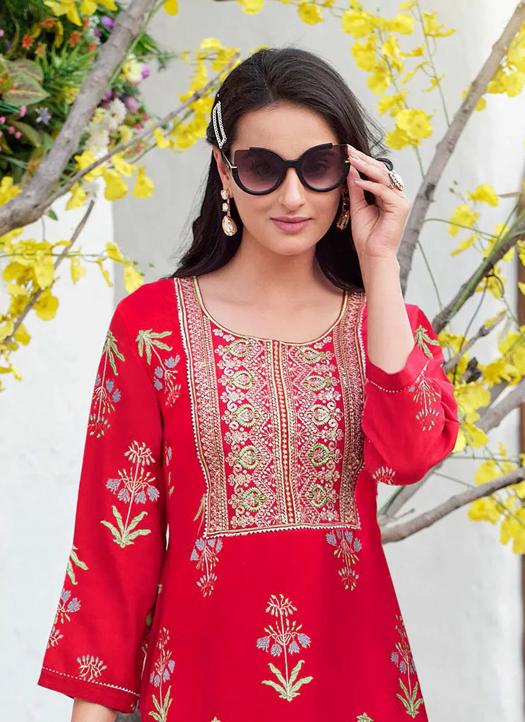 Embroidery & Sequins Yoke Design Red Liva Straight Kurta treevesto