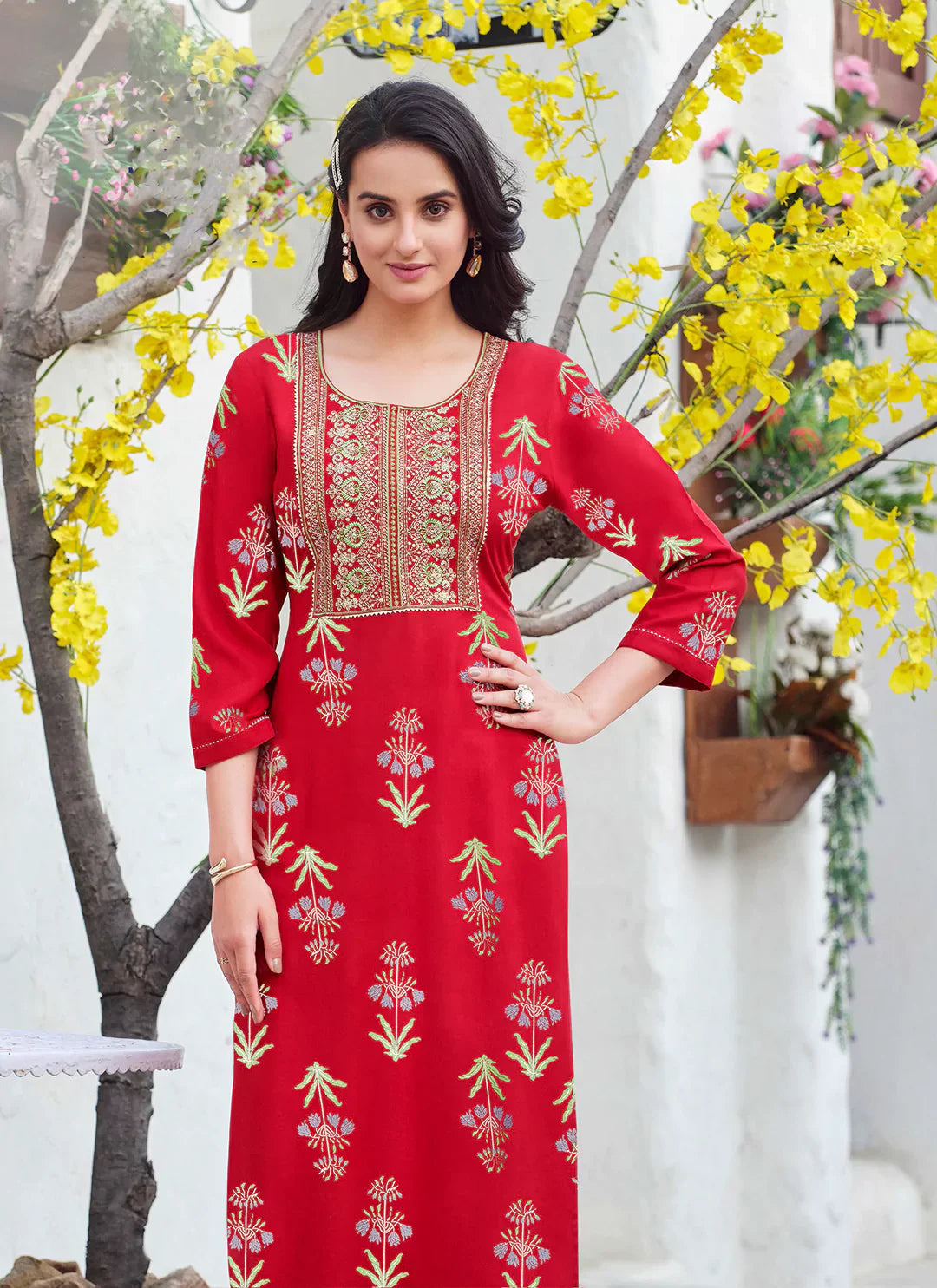 Embroidery & Sequins Yoke Design Red Liva Straight Kurta treevesto
