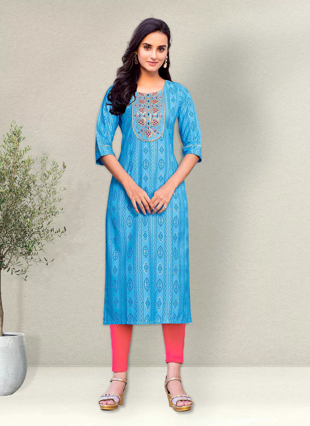 Embroidery & Sequins Yoke Design Sky Blue Liva Straight Kurta treevesto