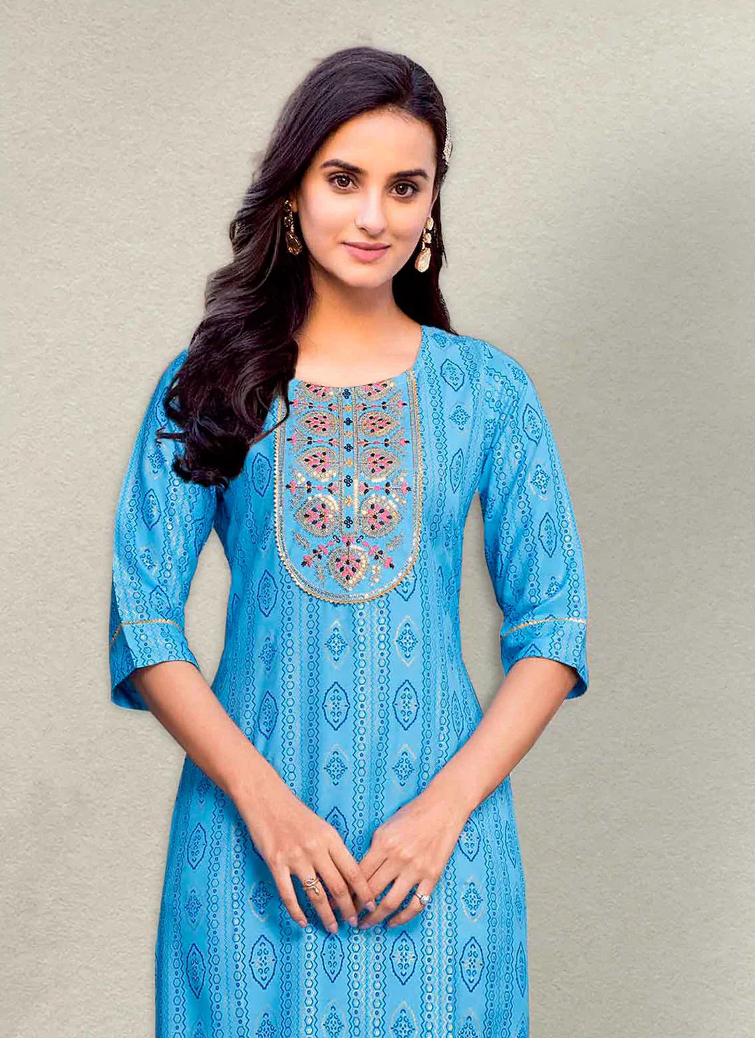Embroidery & Sequins Yoke Design Sky Blue Liva Straight Kurta treevesto