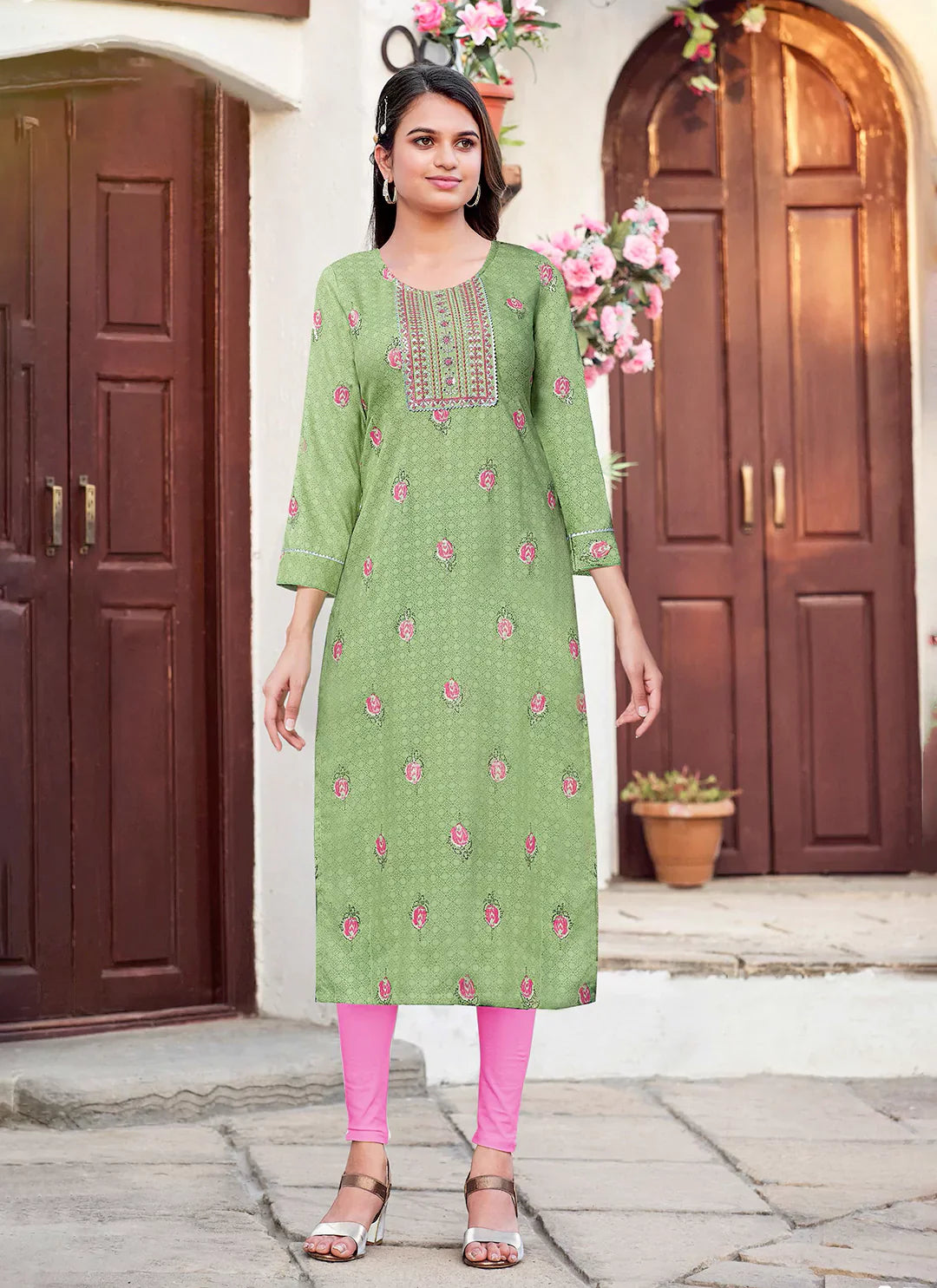 Embroidery & Sequins Yoke Design Tea Green Liva Straight Kurta treevesto