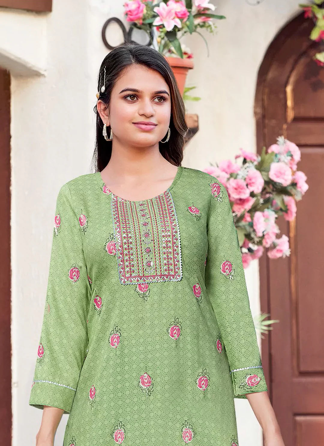 Embroidery & Sequins Yoke Design Tea Green Liva Straight Kurta treevesto