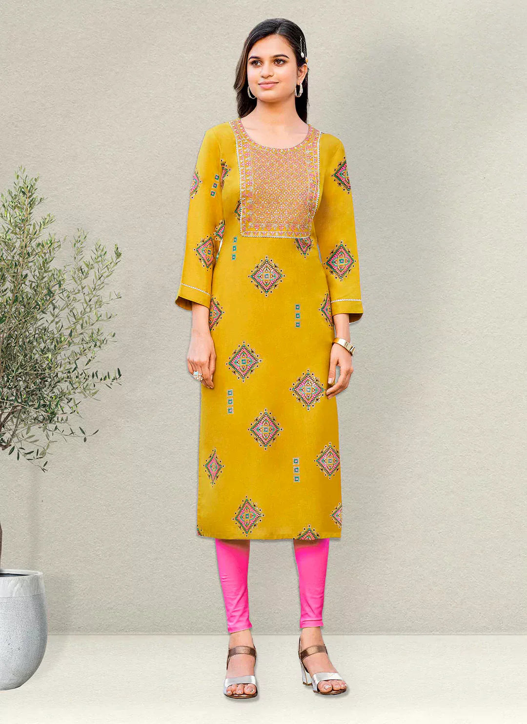 Embroidery & Sequins Yoke Design Yellow Liva Straight Kurta treevesto