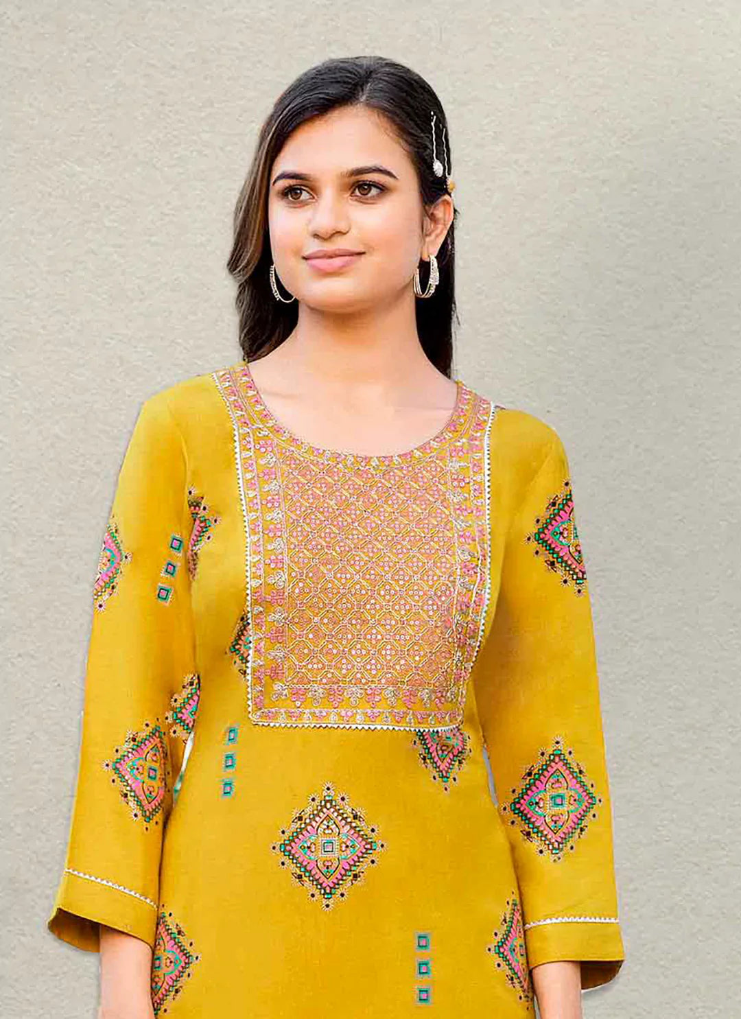 Embroidery & Sequins Yoke Design Yellow Liva Straight Kurta treevesto