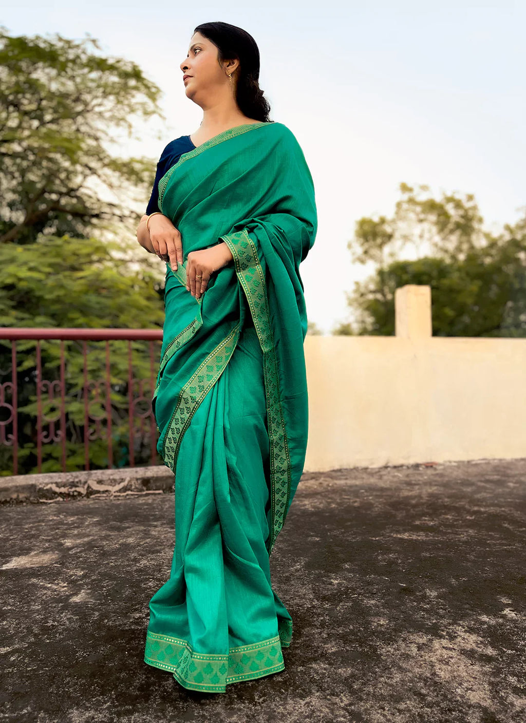 Emerald Green Dola Silk Plain Saree With Border - TREEVESTO