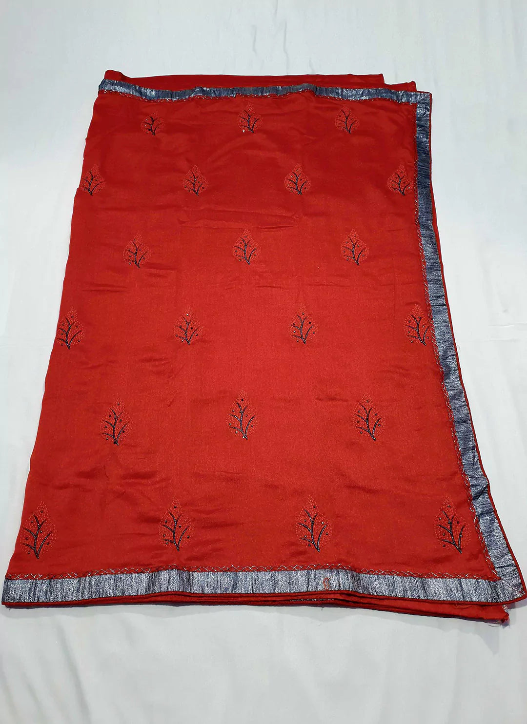Fiery Red Sequins & Thread Work Lycra Vichitra Silk Saree With Silver Border - TREEVESTO