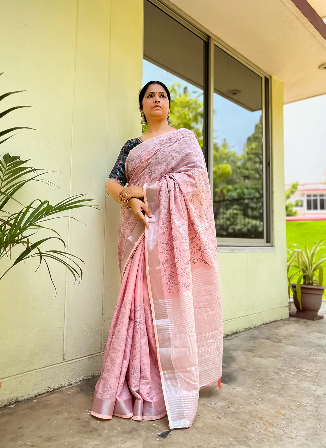 Fine Resham Embroidered Baby Pink Soft Linen Saree - TREEVESTO