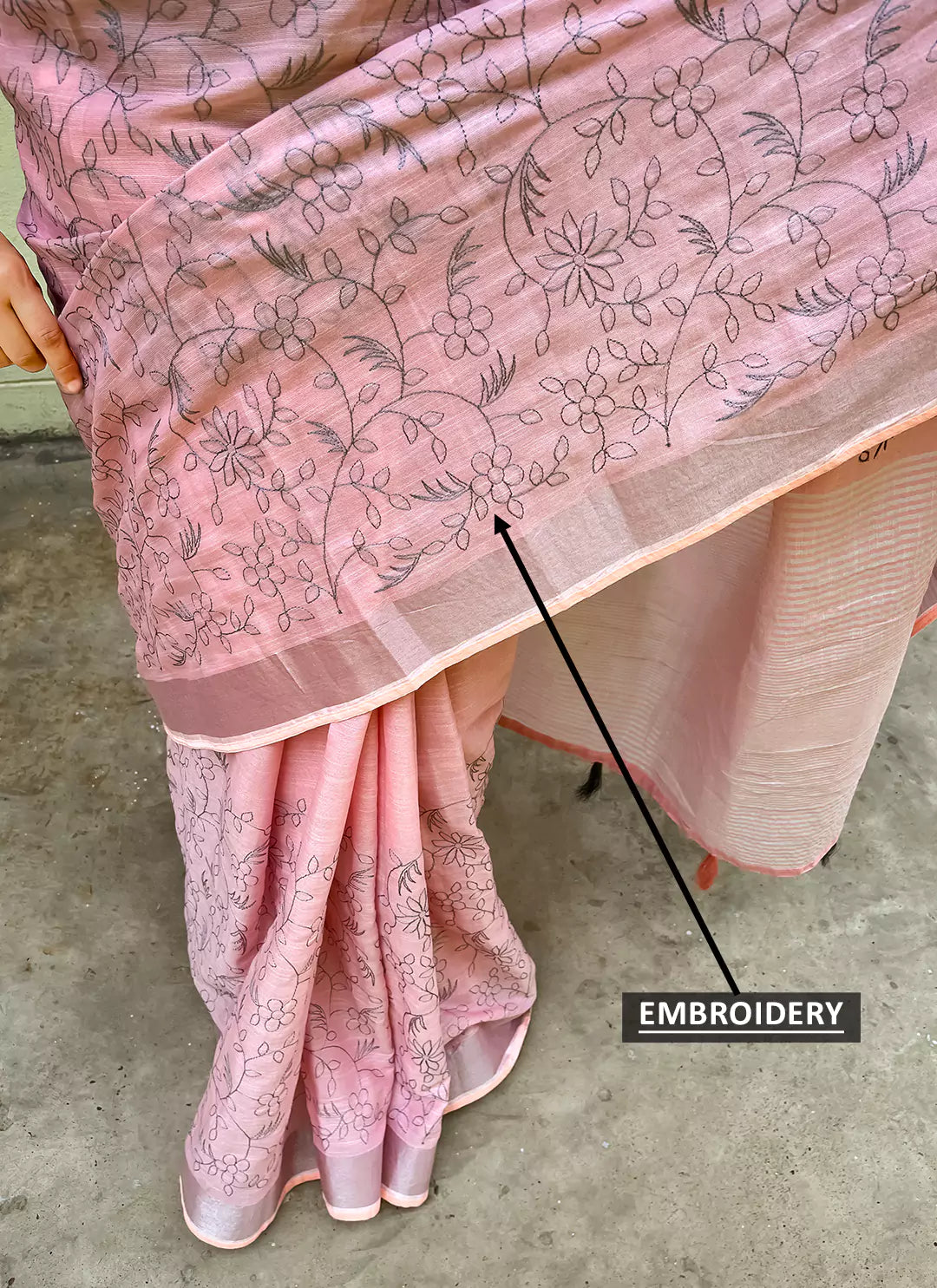 Fine Resham Embroidered Baby Pink Soft Linen Saree - TREEVESTO