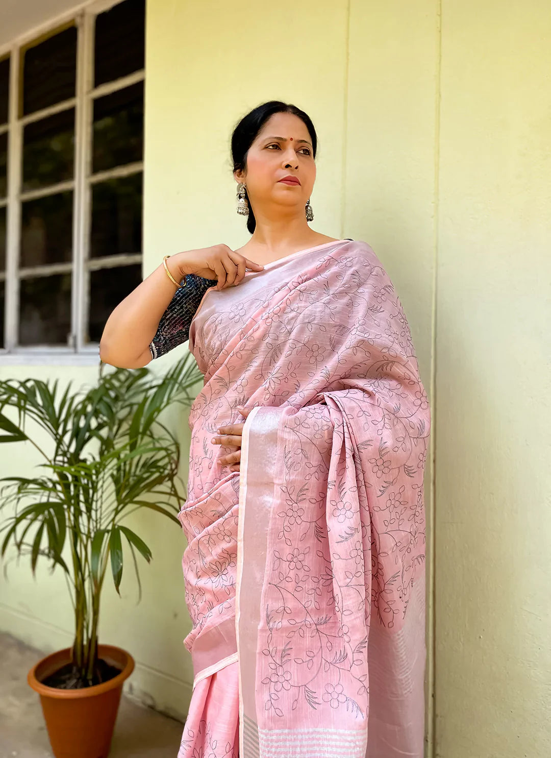 Fine Resham Embroidered Baby Pink Soft Linen Saree - TREEVESTO