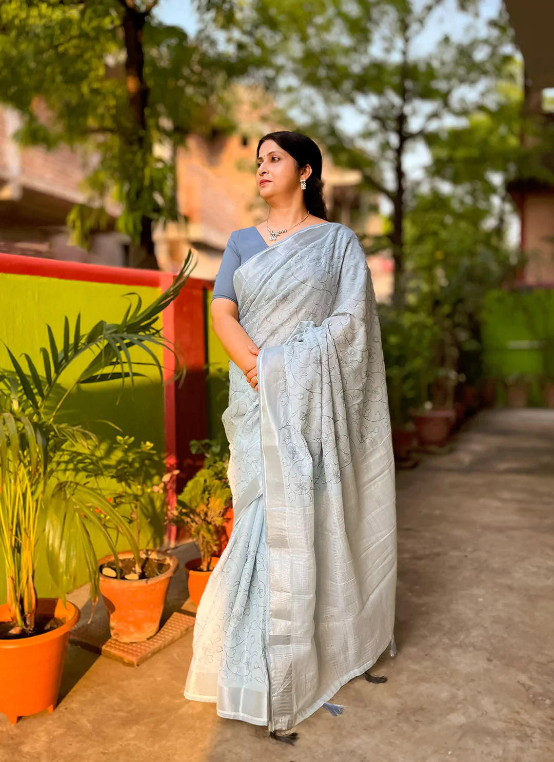 Fine Resham Embroidered Carolina Blue Soft Linen Saree - TREEVESTO