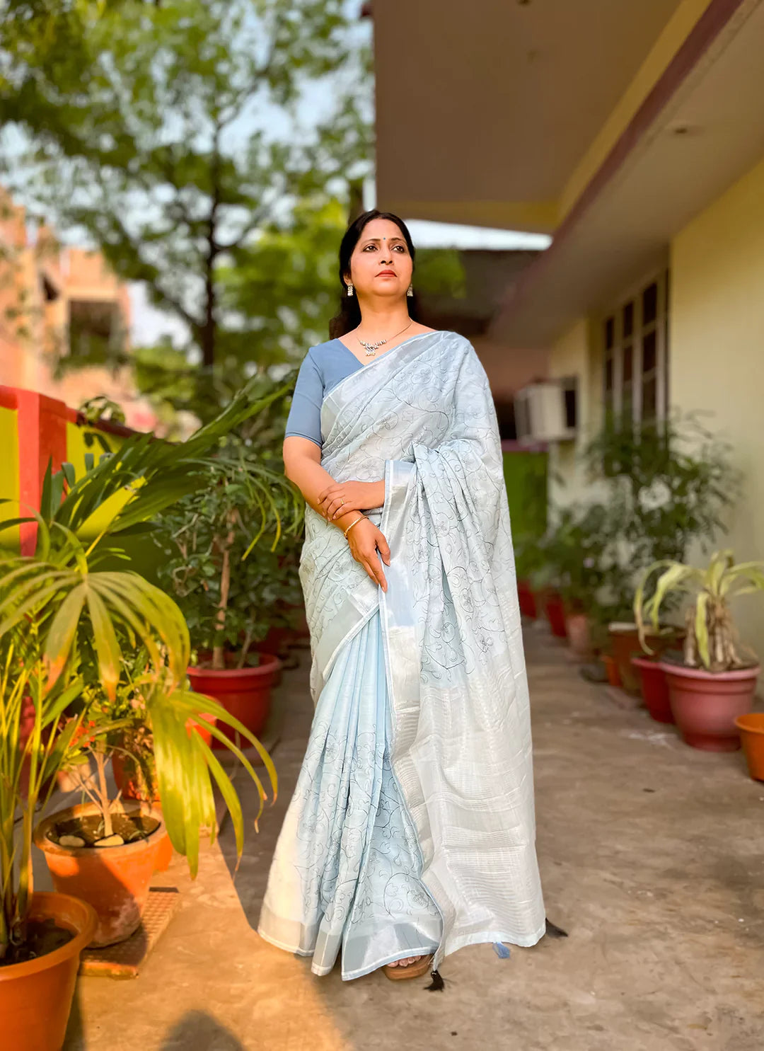Fine Resham Embroidered Carolina Blue Soft Linen Saree - TREEVESTO