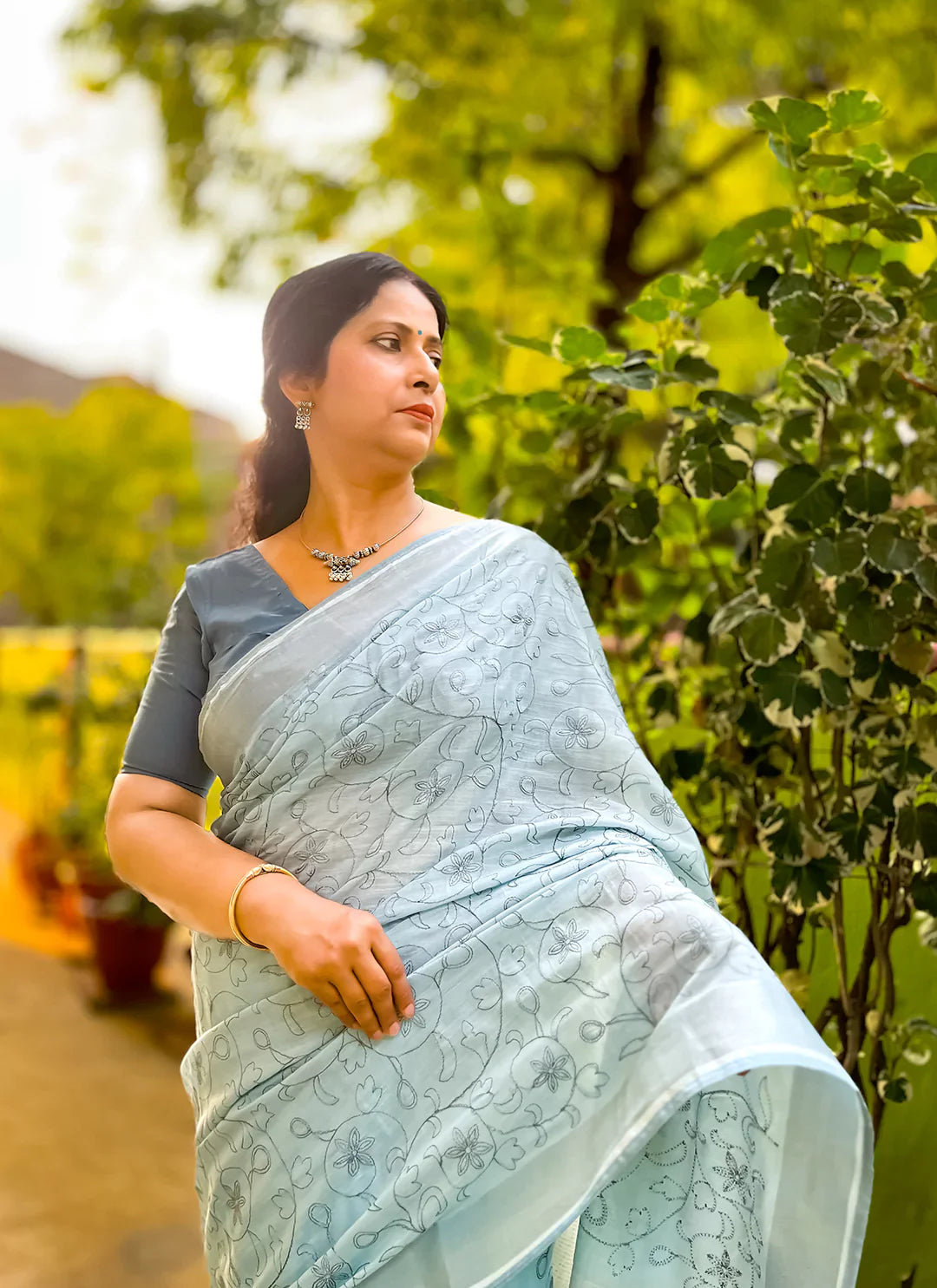Fine Resham Embroidered Carolina Blue Soft Linen Saree - TREEVESTO