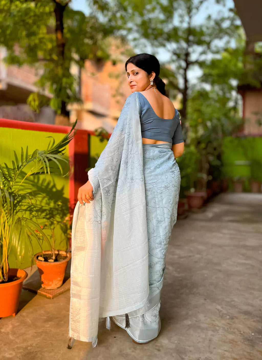 Fine Resham Embroidered Carolina Blue Soft Linen Saree - TREEVESTO