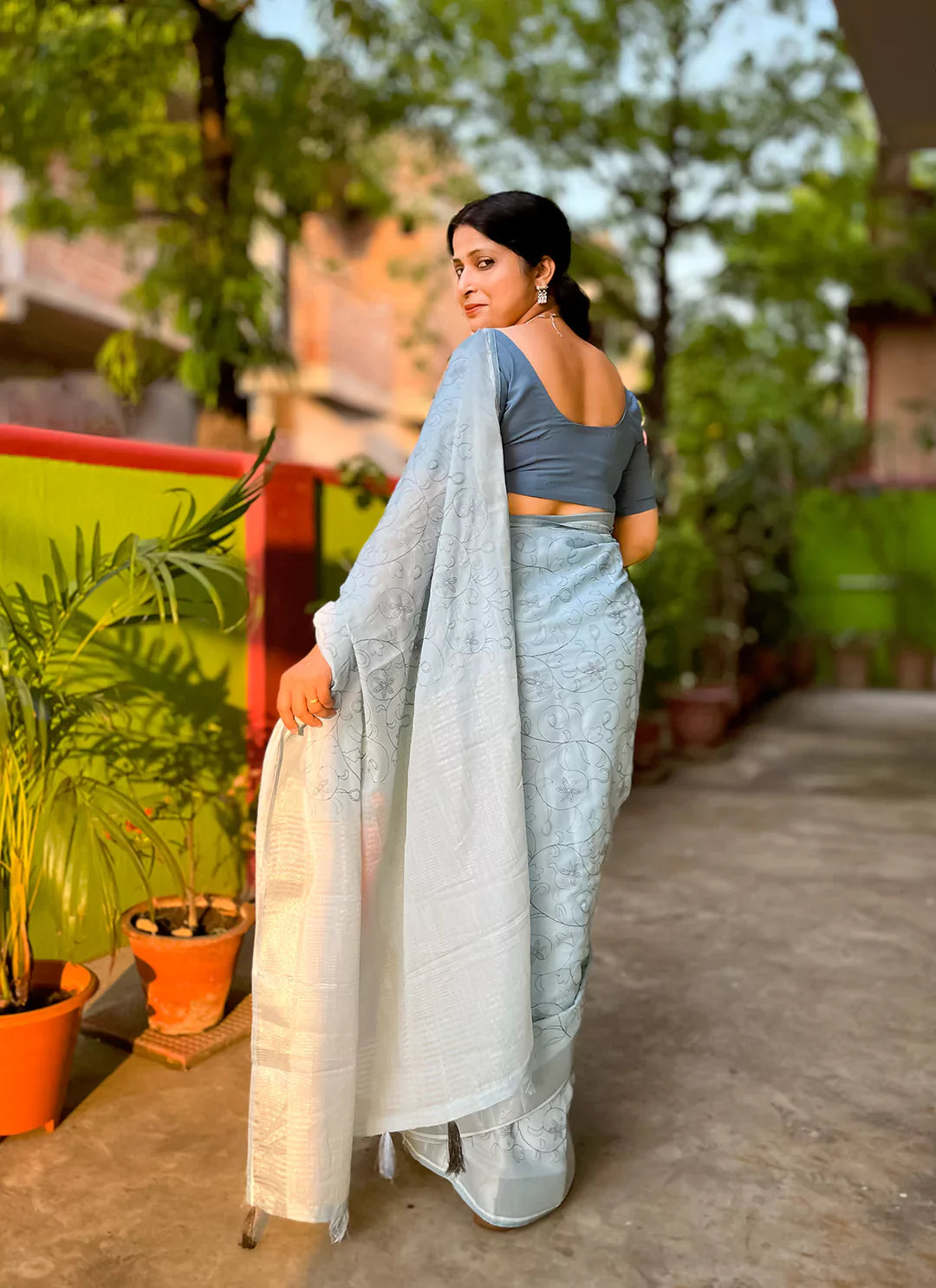 Fine Resham Embroidered Carolina Blue Soft Linen Saree - TREEVESTO