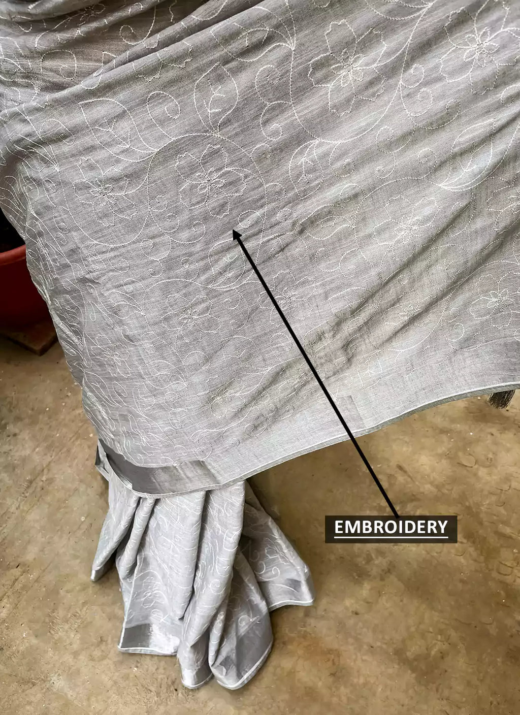 Fine Resham Embroidered Grey Soft Linen Saree - TREEVESTO