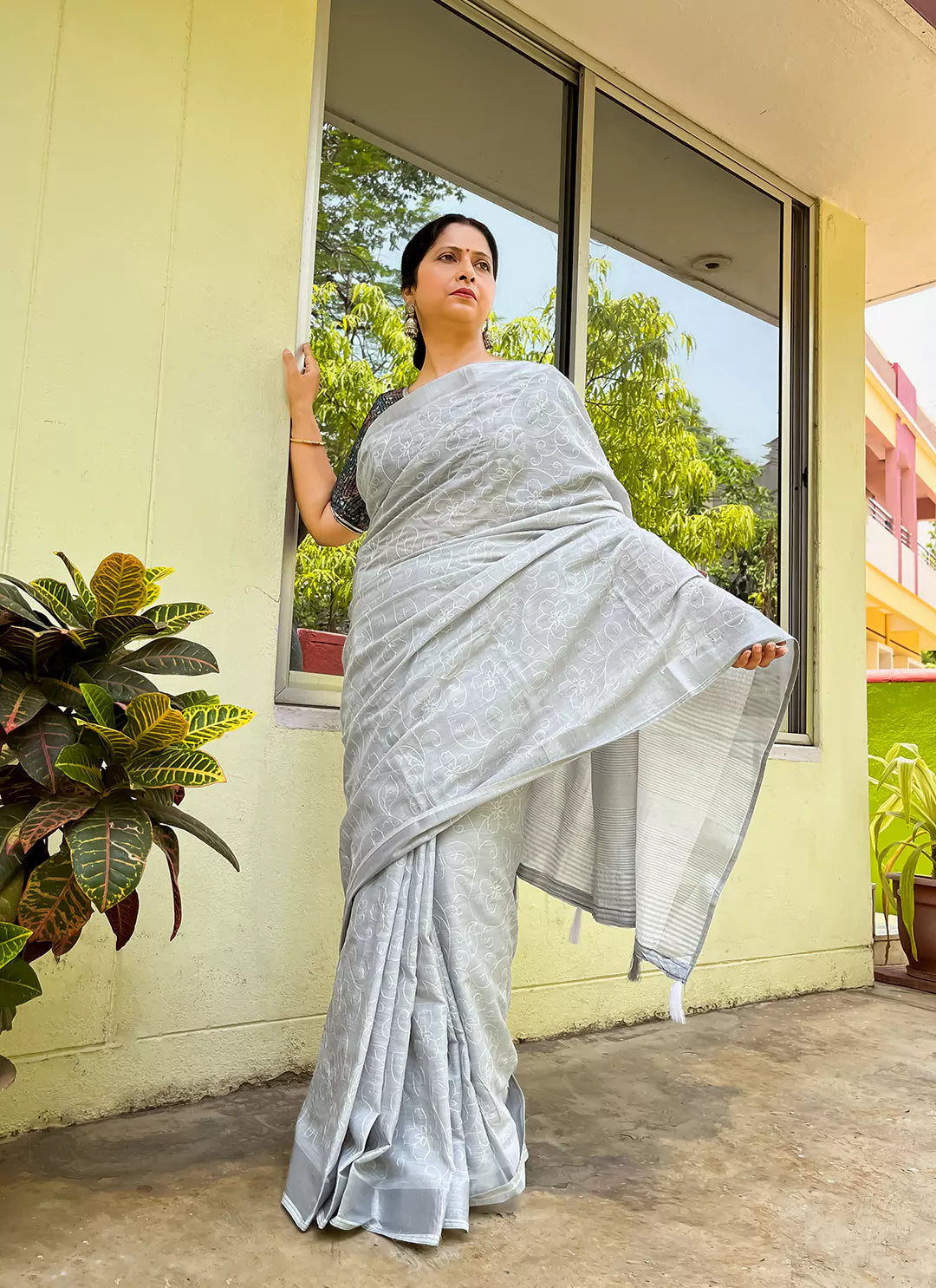 Fine Resham Embroidered Grey Soft Linen Saree - TREEVESTO