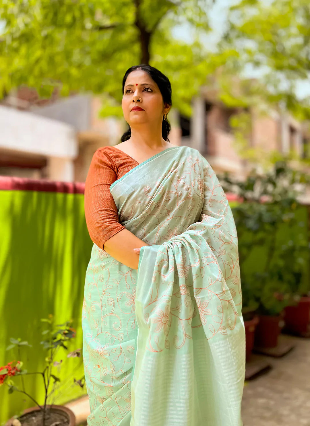 Fine Resham Embroidered Mint Green Soft Linen Saree - TREEVESTO