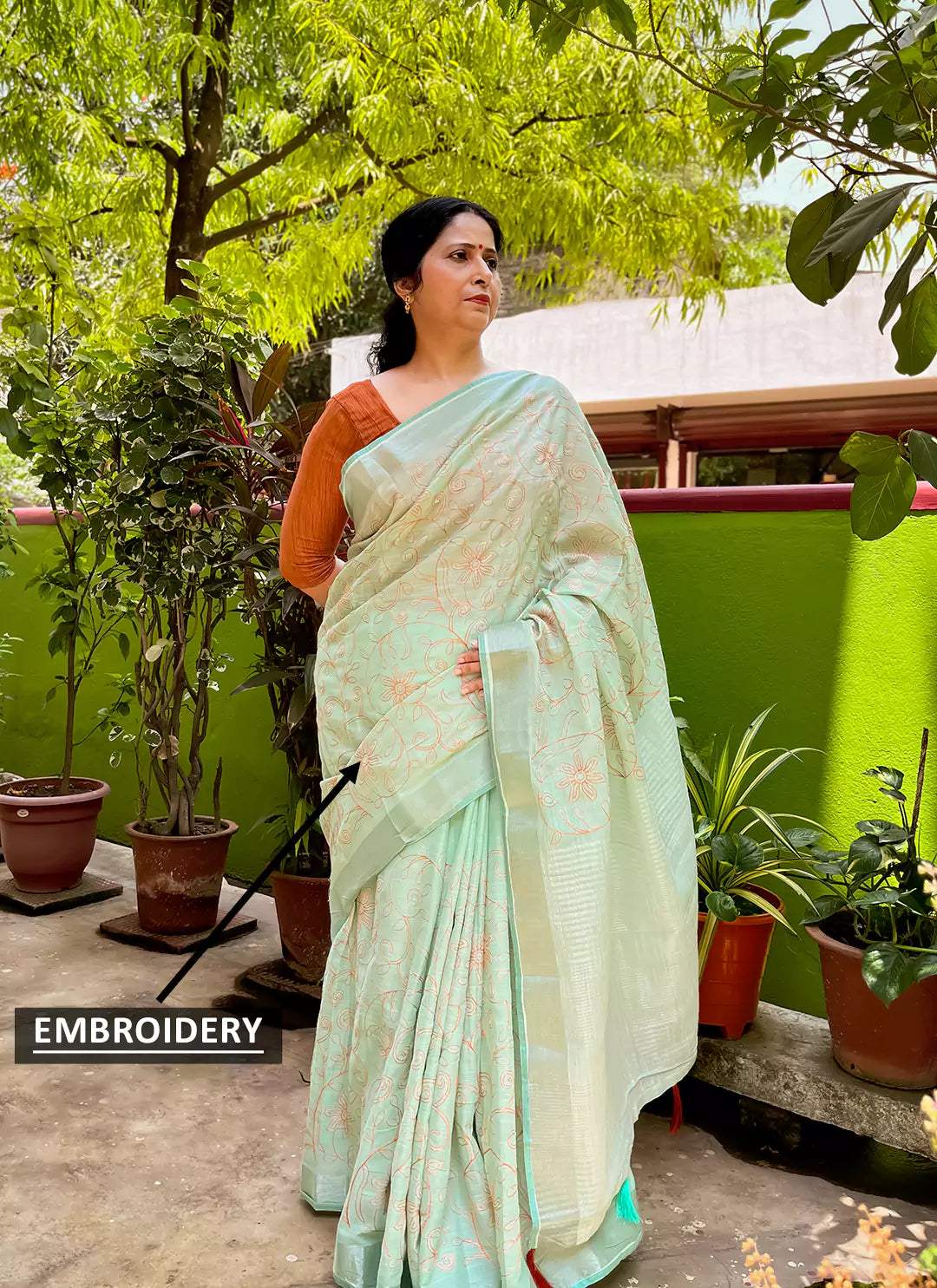Fine Resham Embroidered Mint Green Soft Linen Saree - TREEVESTO