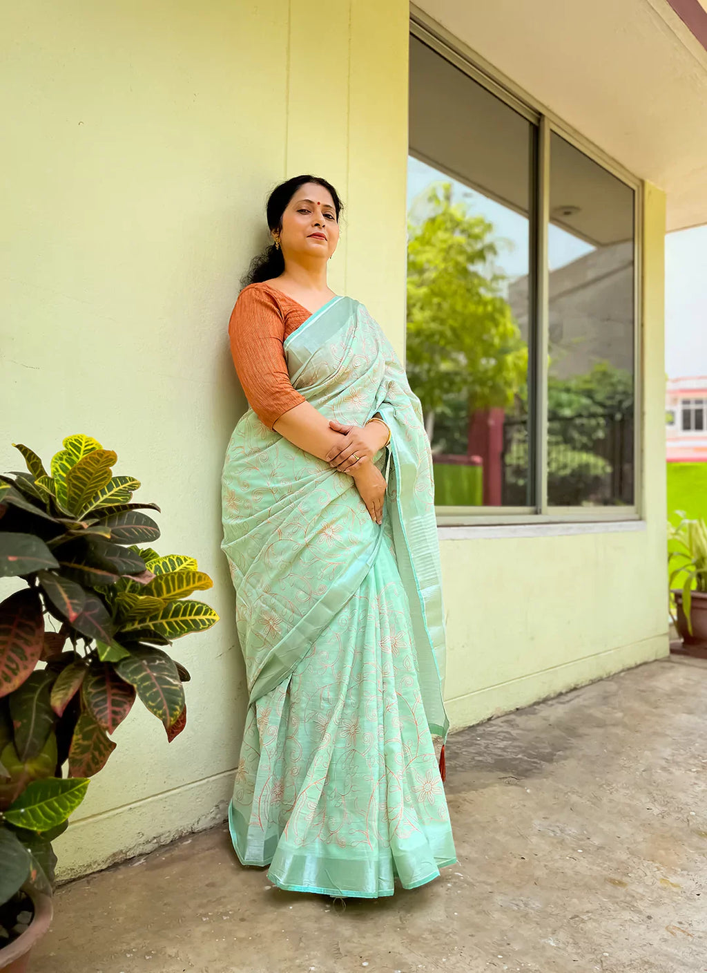 Fine Resham Embroidered Mint Green Soft Linen Saree - TREEVESTO
