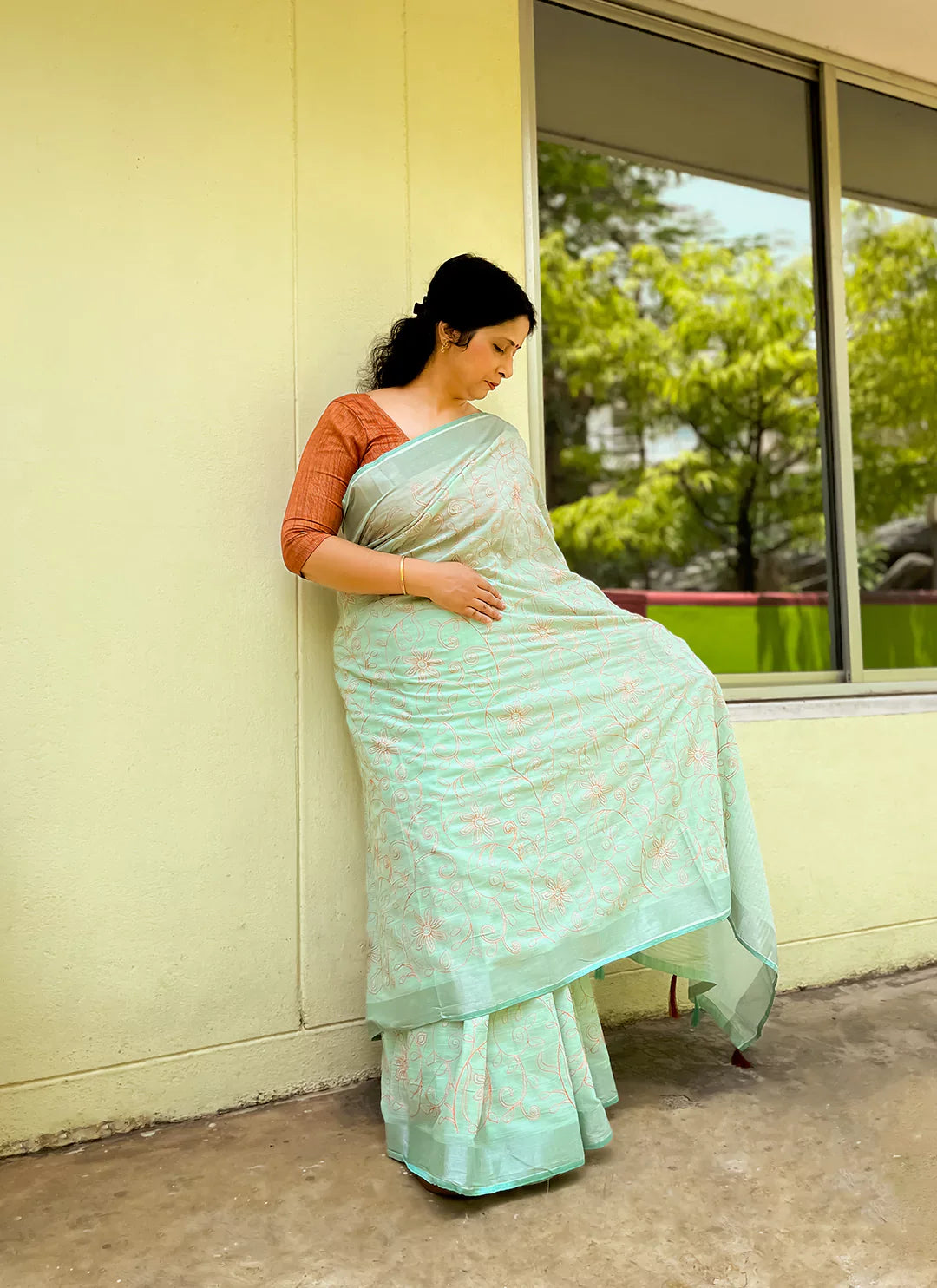Fine Resham Embroidered Mint Green Soft Linen Saree - TREEVESTO