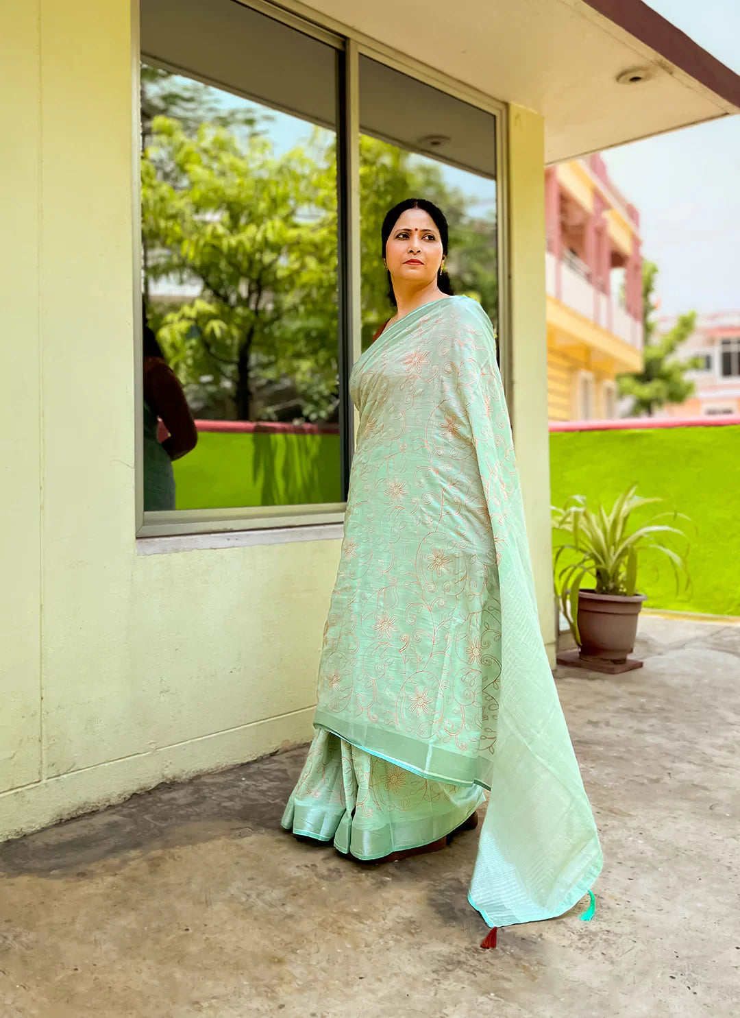 Fine Resham Embroidered Mint Green Soft Linen Saree - TREEVESTO