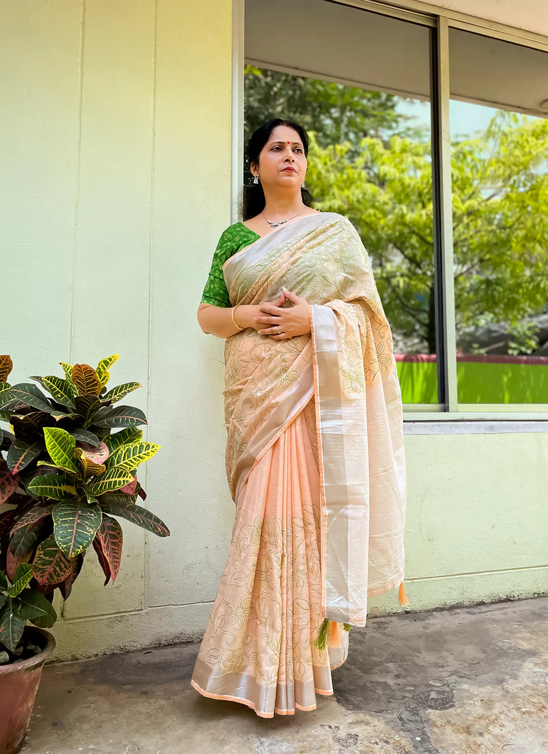 Fine Resham Embroidered Peach Soft Linen Saree - TREEVESTO