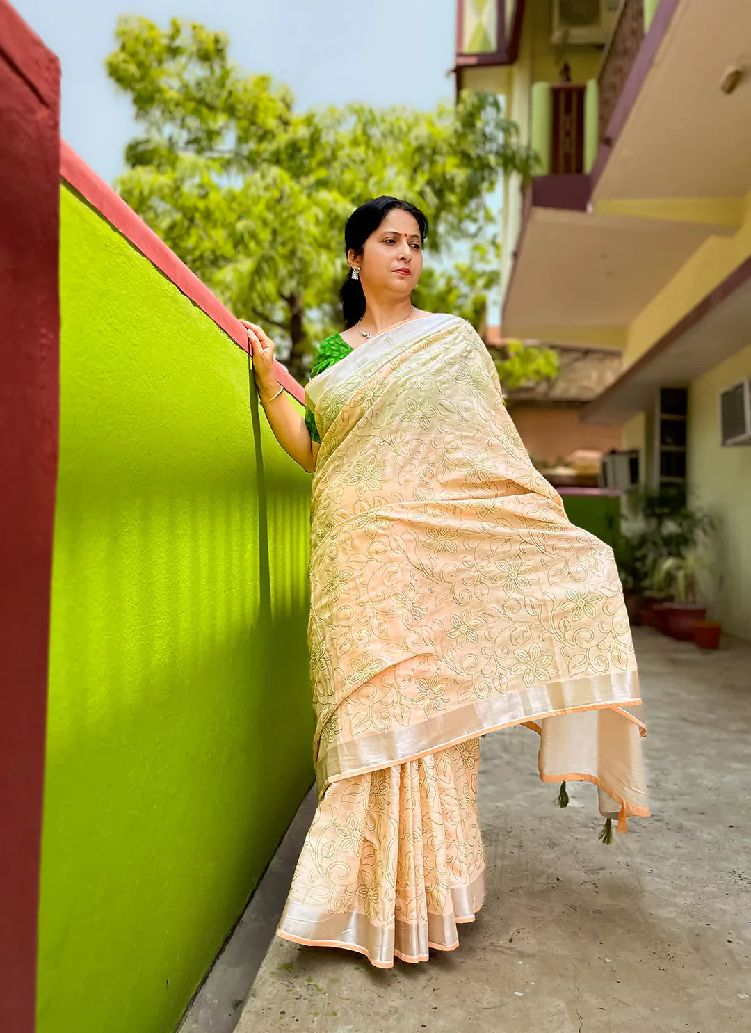 Fine Resham Embroidered Peach Soft Linen Saree - TREEVESTO
