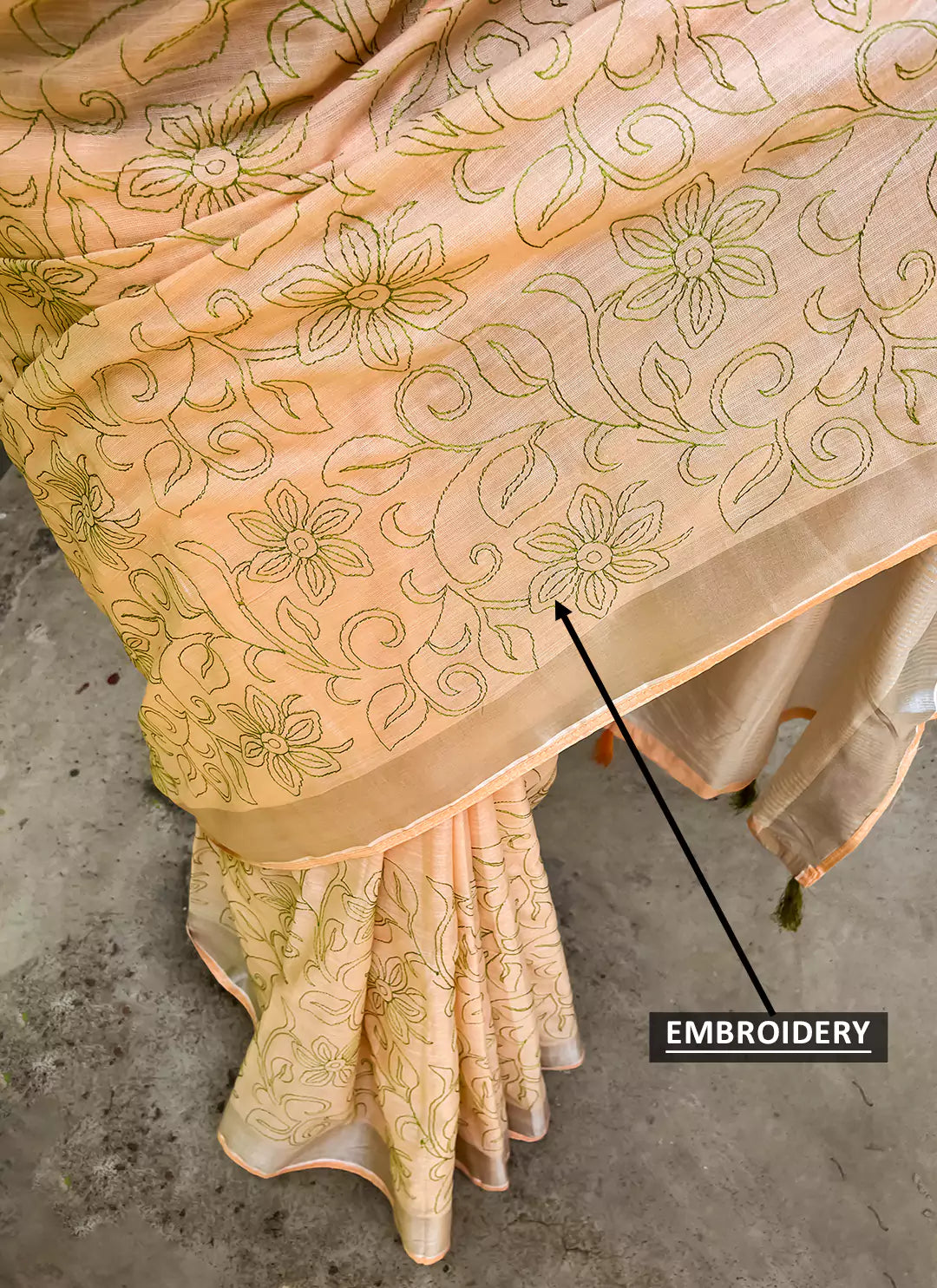 Fine Resham Embroidered Peach Soft Linen Saree - TREEVESTO